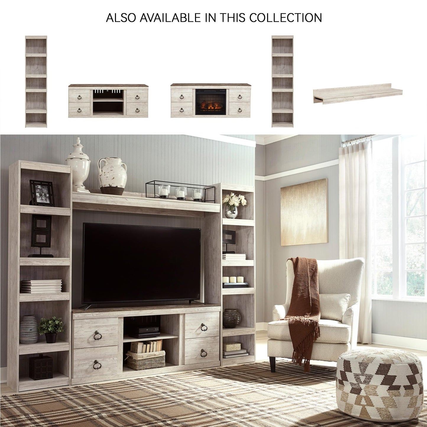 Signature Design by Ashley Willowton Shabby Chic Large TV Stand up to 60" with 3 Shelves and Fireplace Option, White