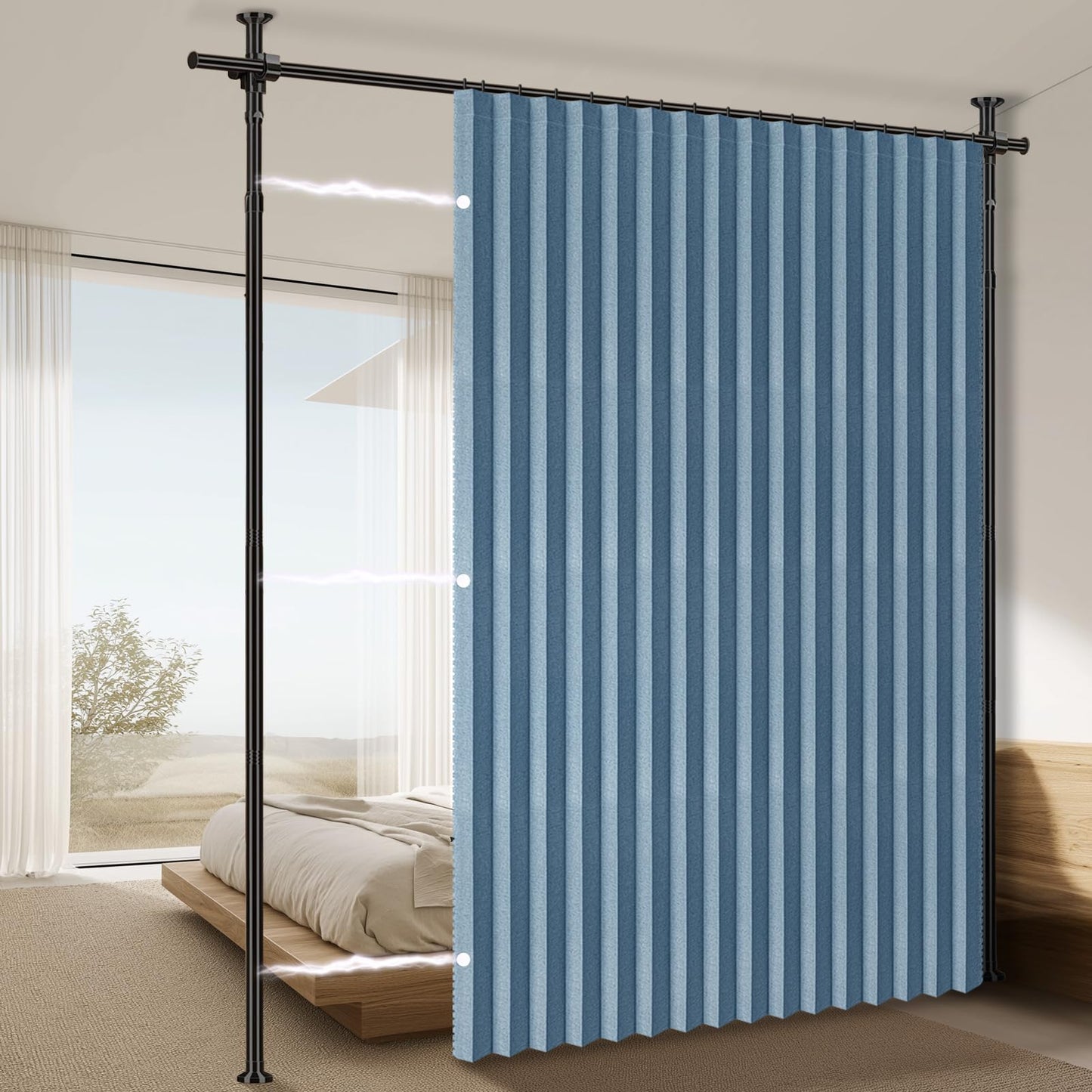 100% Blackout Room Divider Curtains Sets Blue 1 Panel W100 x L84in No Drill Curtain Rods(H) 43-120×(W) 35-100 in for Office Privacy Partition Separator