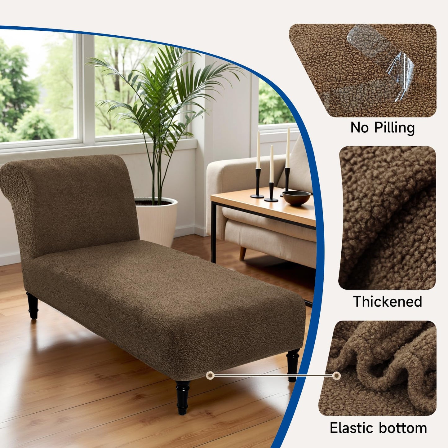 Teddy Wool Chaise Lounge Cover Indoor Armless Chaise Slipcover Luxury Elegance Lounge Chair Cover Ultra Soft Stretch Machine Washable Chair Covers for Living Room Bedroom Furniture, Brown