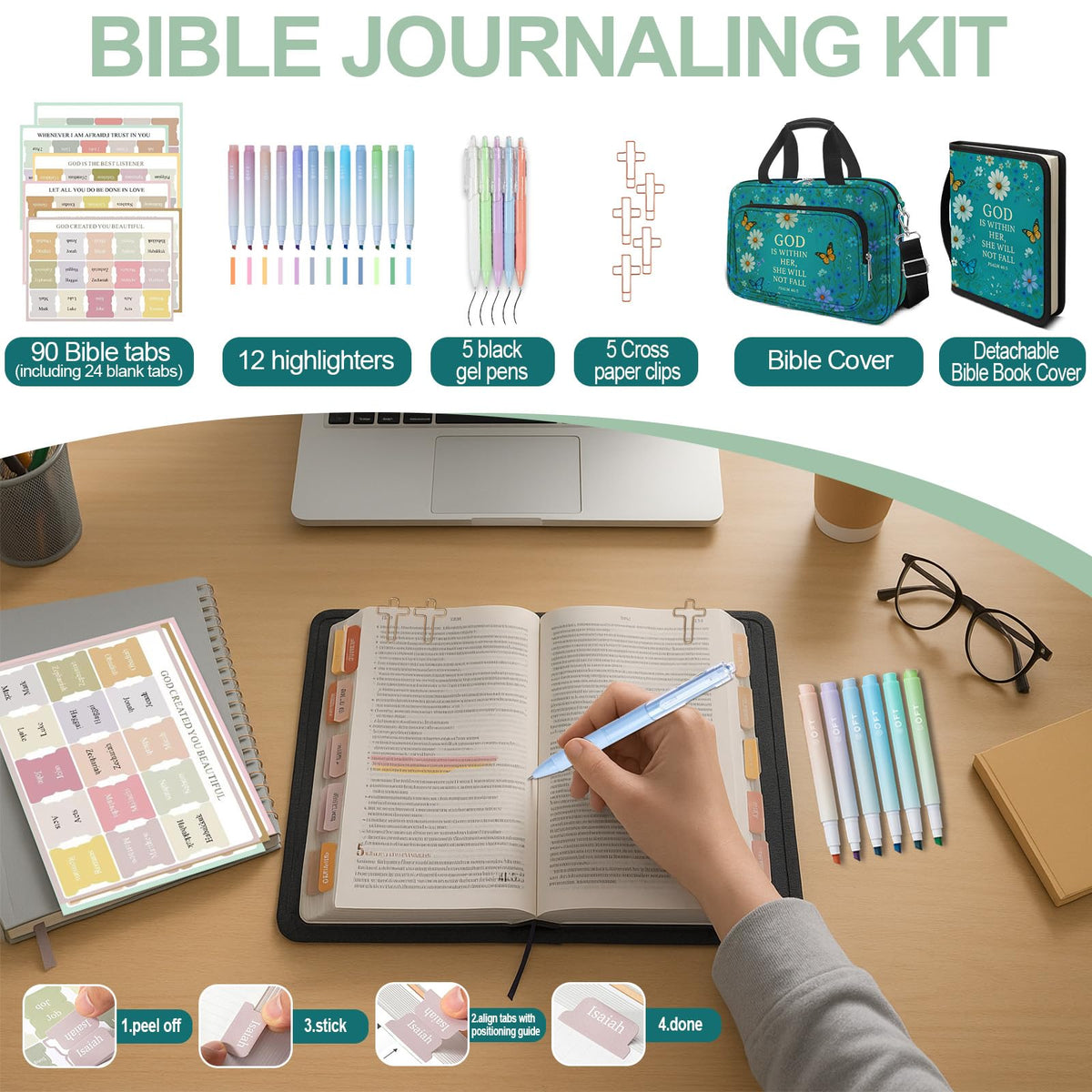 IBOVODI Daisy Bible Cover Case for Women, Vintage Floral Large Bible Bag Carrying Case, Bible Study Supplies Bible Journaling Kit Book Carrying Case with Bible Highlighters Tabs Pens Cross Clips