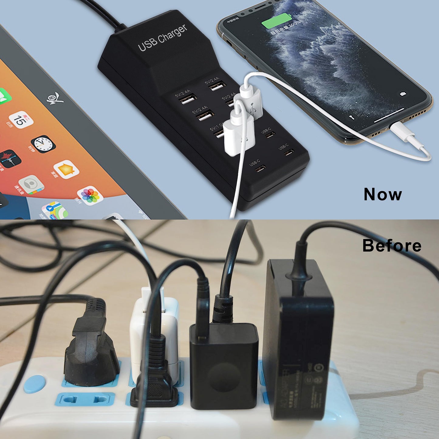 Wyssay USB Charger,50W USB Charging Station with 10-Port (6 USB-A Port & 4 USB-C Port) Compatible with iPhone 15/14/13/12/11/X/8/7/6 Phones, Watch,Tablets, Smartphones Black