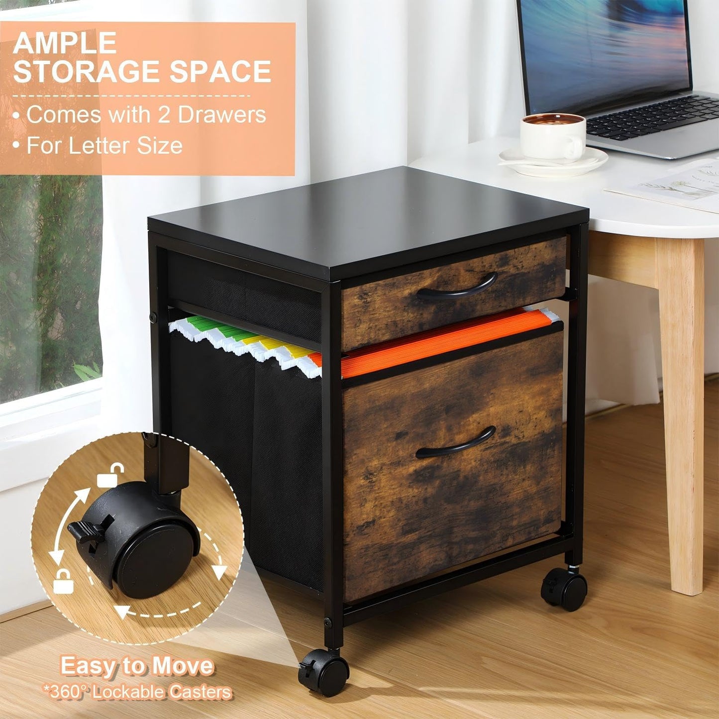 AceOrbit Rolling Mobile File Cabinet Cart with 2 Fabric Drawers A4 Letter Size Beside, Vertical Filing Cabinet on Lockable Wheels, Mobile Printer Stand Storage Under Desk for Home Office(Rustic Brown)