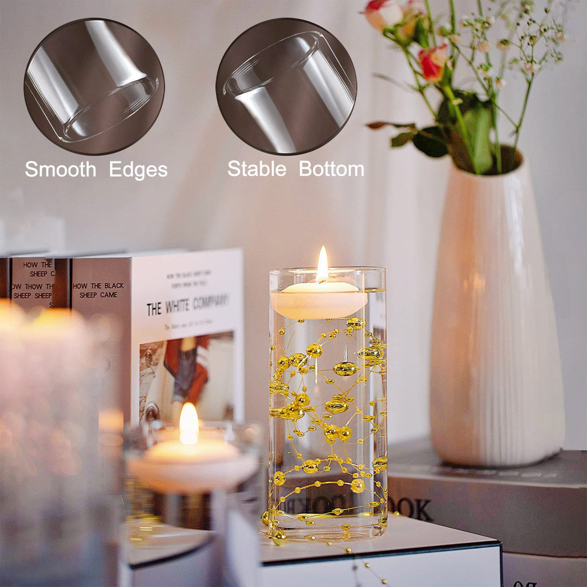 UDU 12 Set Glass Vases for Centerpieces with 24 White Floating Candles 80000 Vase Filler 6 Pearl String Party Event Home Wedding Centerpieces for Tables Decorations