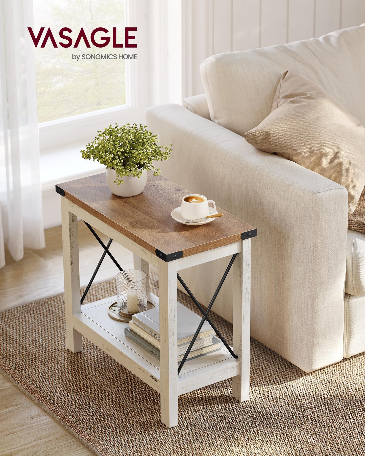 VASAGLE 2-Tier End Table, Side Table with Bottom Shelf, Nightstand for Small Spaces, for Living Room, Bedroom, Farmhouse Style, Rustic White and Honey Brown ULET235W01