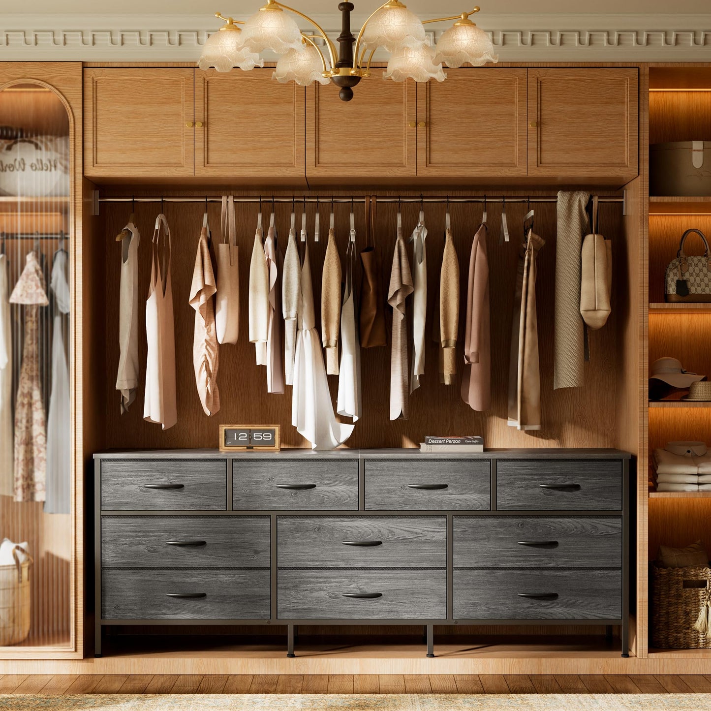 Huuger 63 Inch Dresser for Bedroom, Long Dresser with 10 Fabric Drawers, TV Stand for 55, 65, 70 Inch TV, Toy Storage Organizer for Closet, Grey