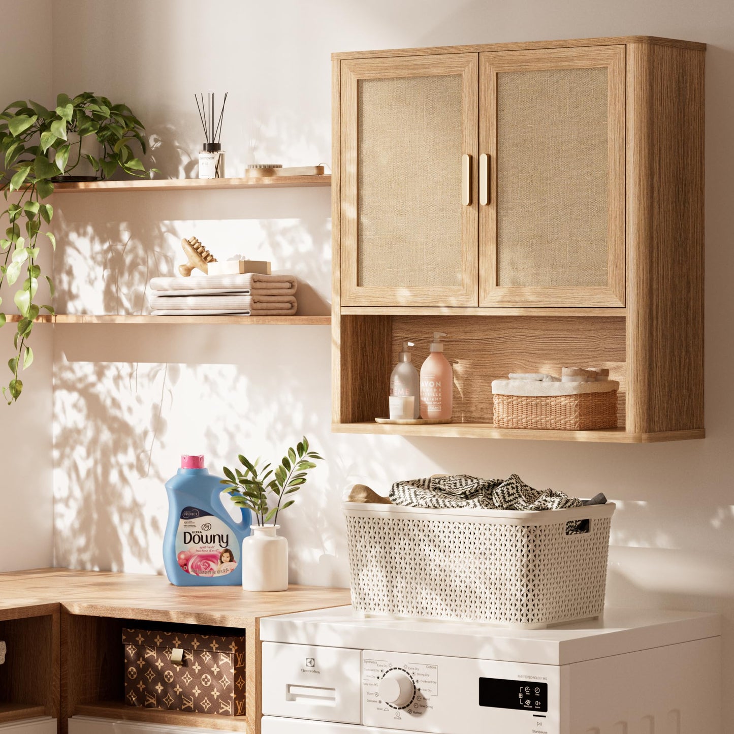 INNOD Rattan Bathroom Wall Cabinet with Open Compartments, Wall-Mounted Medicine Cabinet with Adjustable Wood Shelf & Doors, Over the Toilet Storage Cabinet for Laundry Room & Kitchen & Living Room