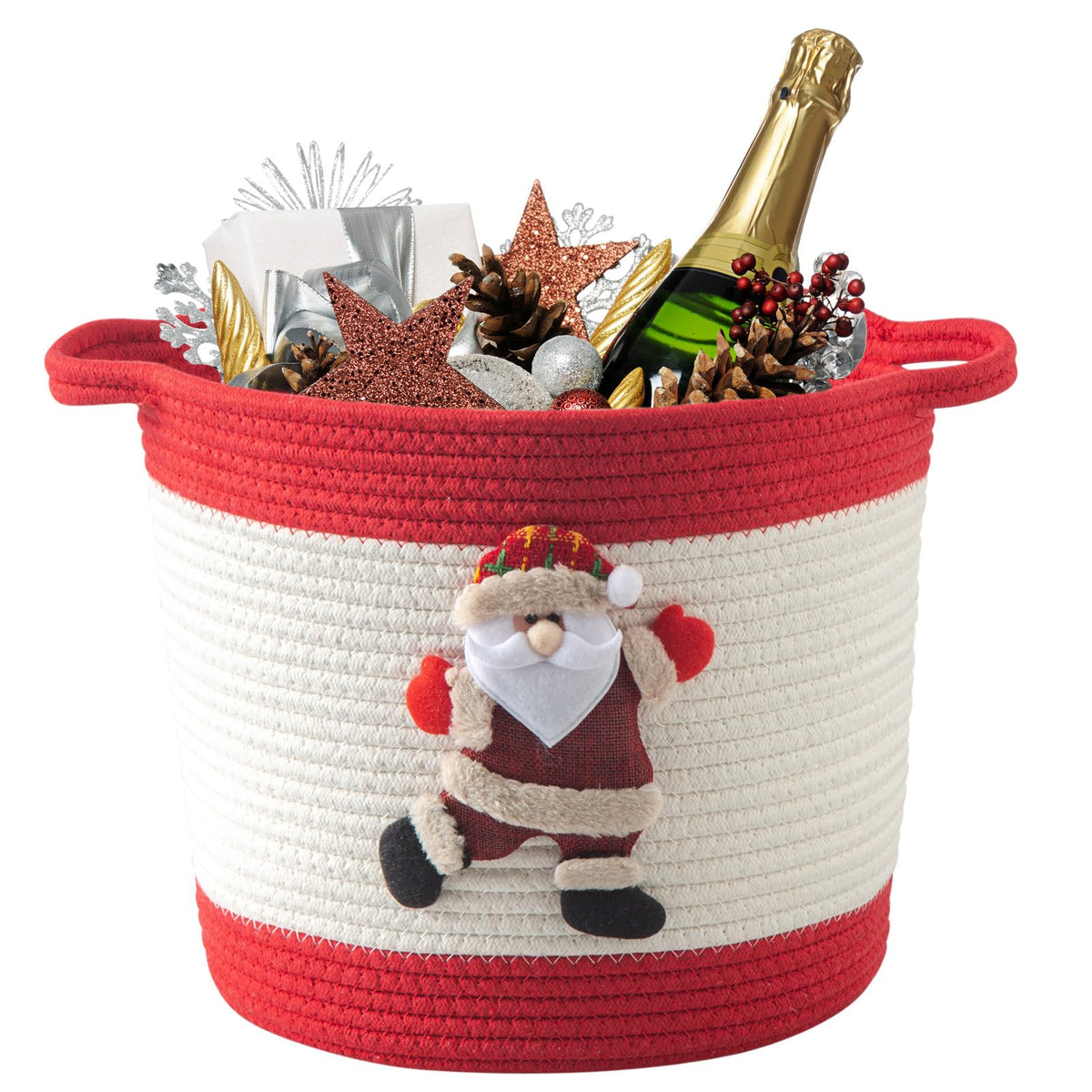 HomeyPine Christmas Basket with Santa Claus Doll, Woven Cotton Rope Christmas Storage Basket with Handles, Christmas Toy Baskets for Baby Towels, Diapers, Pet Toy Storage Basket, Red