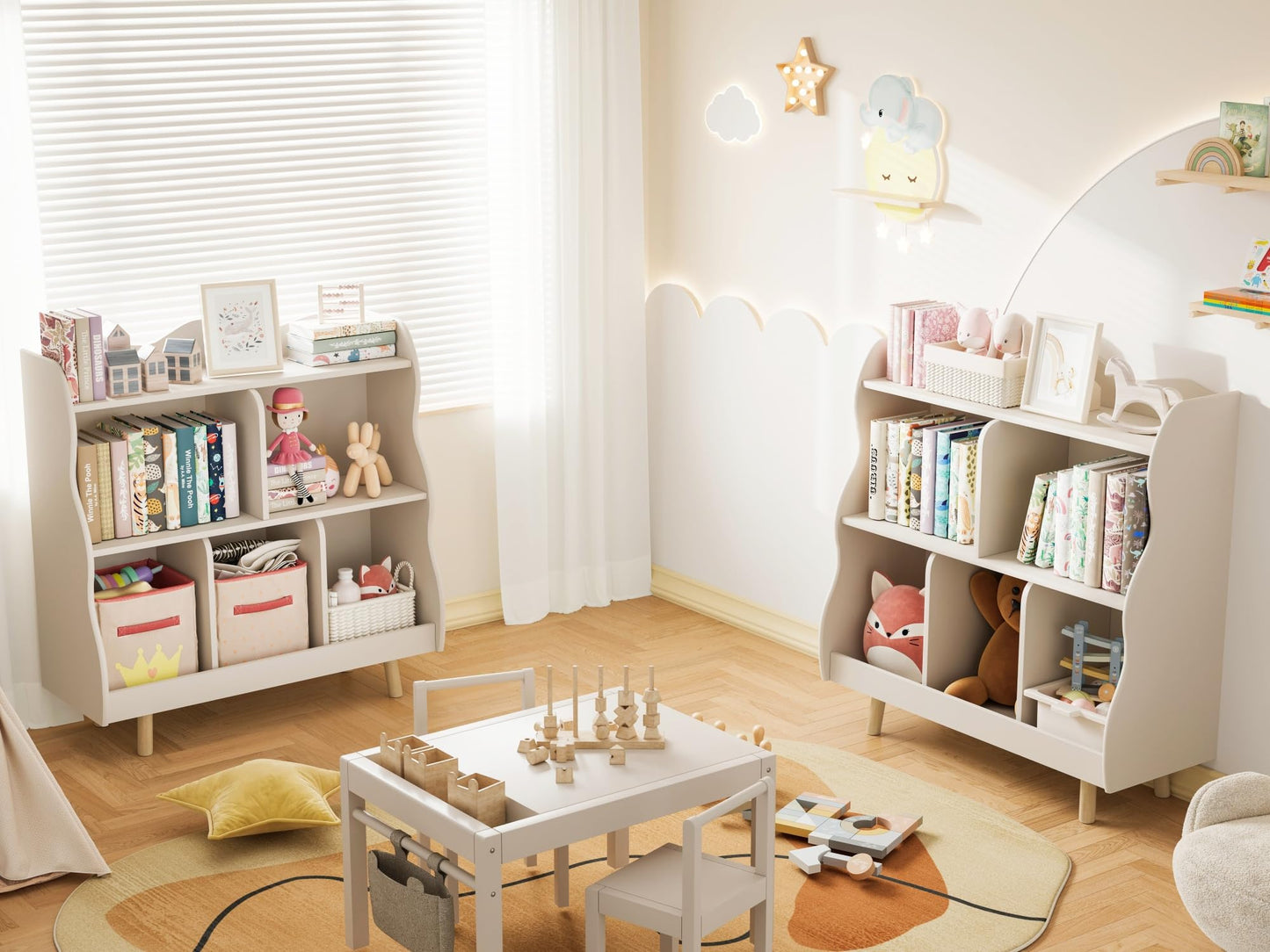 Treocho Kids Bookshelf and Toy Storage Orangizer, 3-Tier Wooden Children's Bookcase with Curve Design, 5 Cubbies Toy Storage Cabinet Display with Legs for Children's Room, Playroom, School, White