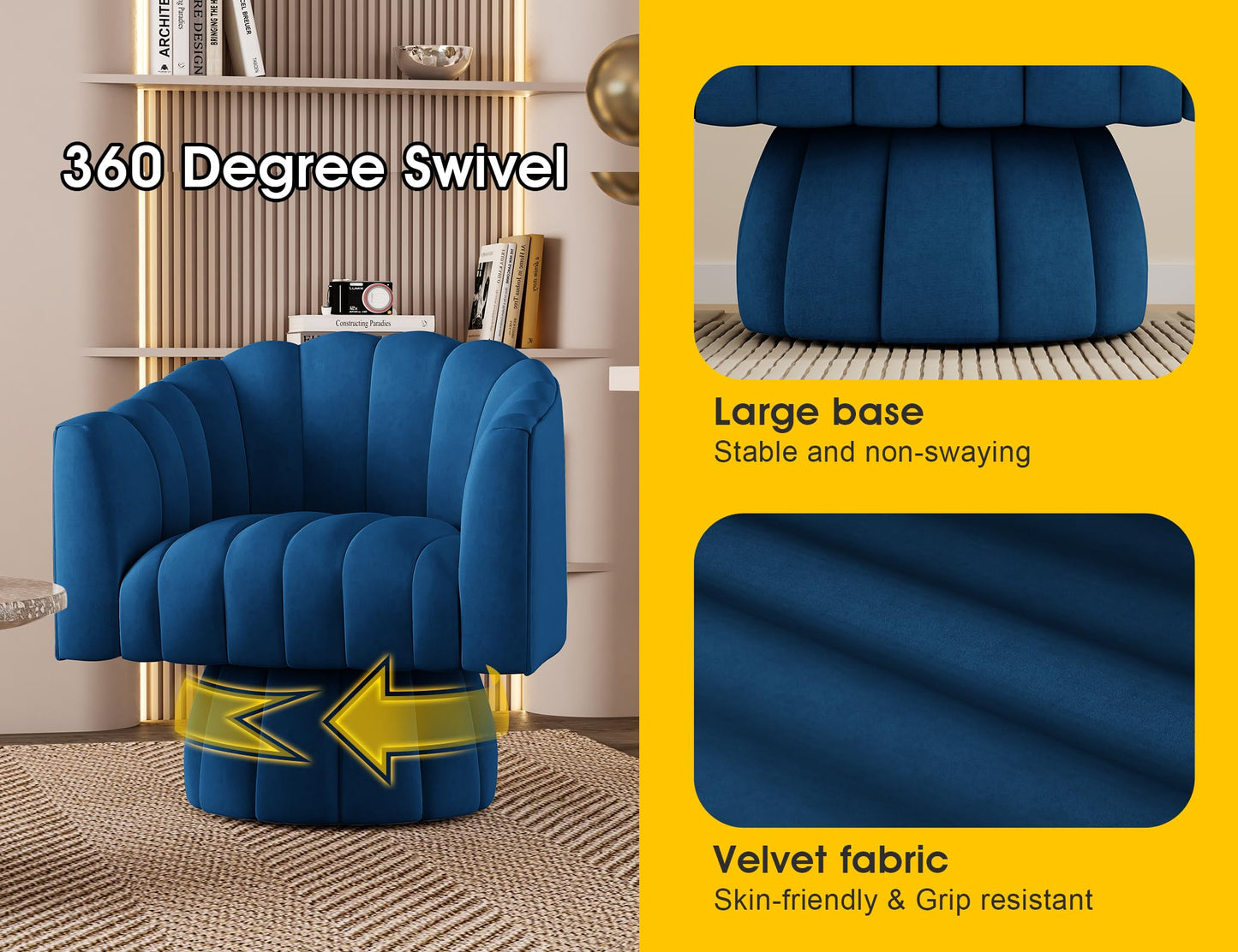 Dewhut Swivel Accent Chair, 360° Swivel Barrel Chair with Armrest, Velvet Upholstered Single Sofa Reading Chair for Living Room,Bedroom,Waiting Room(Navy)