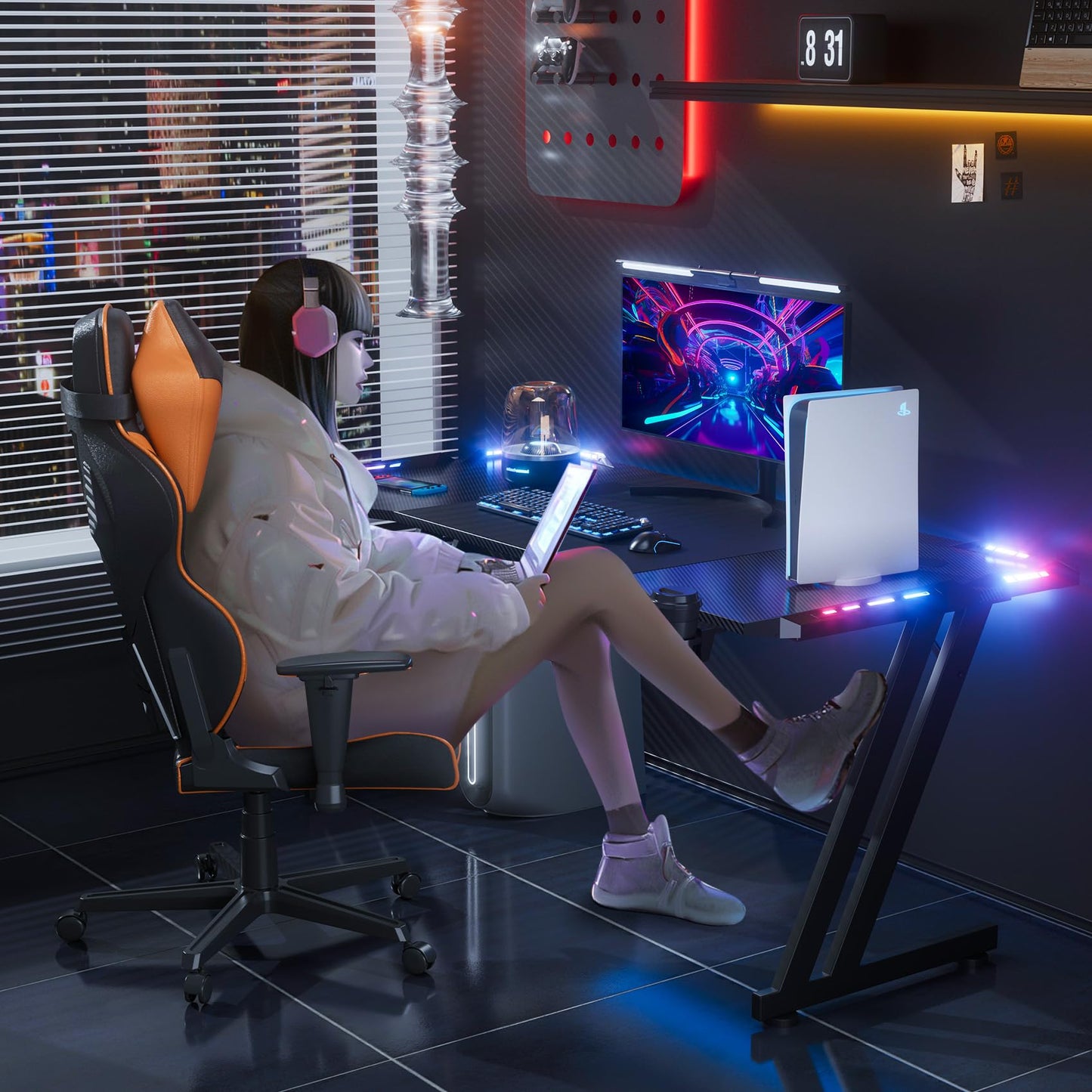 HLDIRECT 47 Inch Gaming Desk with LED Lights, Large RGB Computer Gaming Desk Table with Cup Holder Headphone Hook Mouse Pad, Ergonomic Modern Carbon Fiber Mesa Gamer Pc Work Home Office Desks, Black