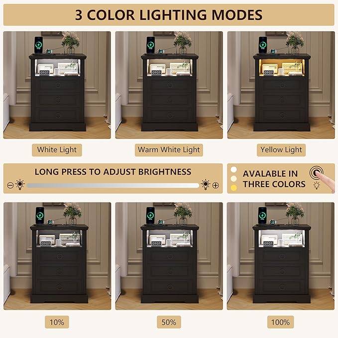 Nightstand Set 2 with Charging Station, Farmhouse End Side Table with 3 Drawers