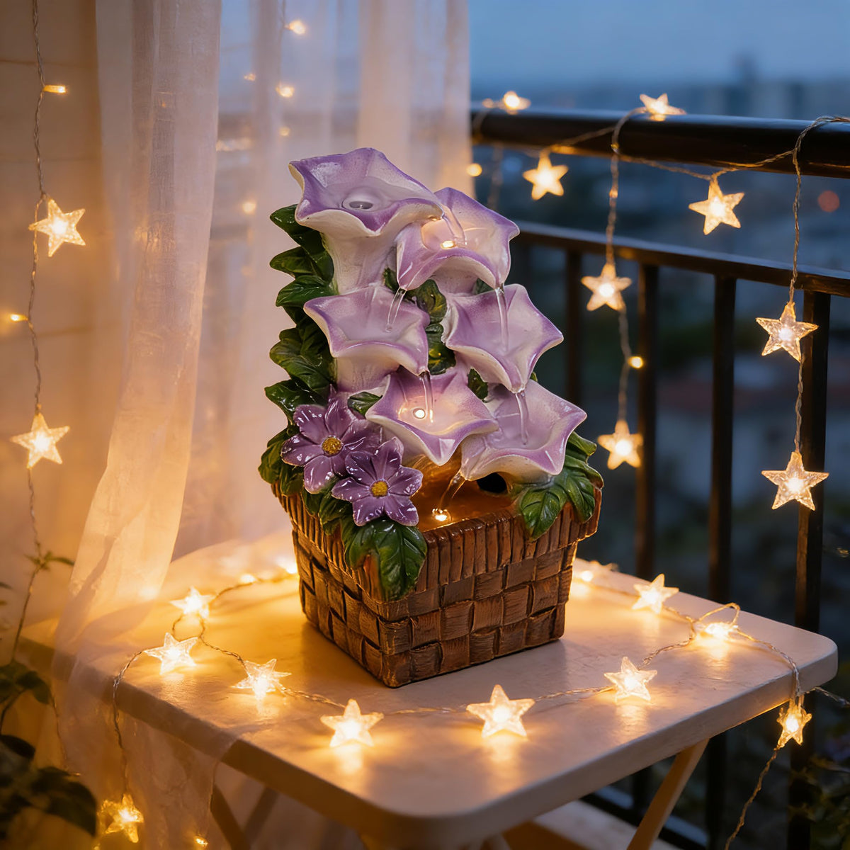 WZAPPKEW Tabletop Water Fountain Purple Water Fountains Indoor Morning Glory Themed Lavender Desk Fountain with Light for Home Heavenly Blue Zen Water Fountain for Room Relaxation Meditation(Lavender)