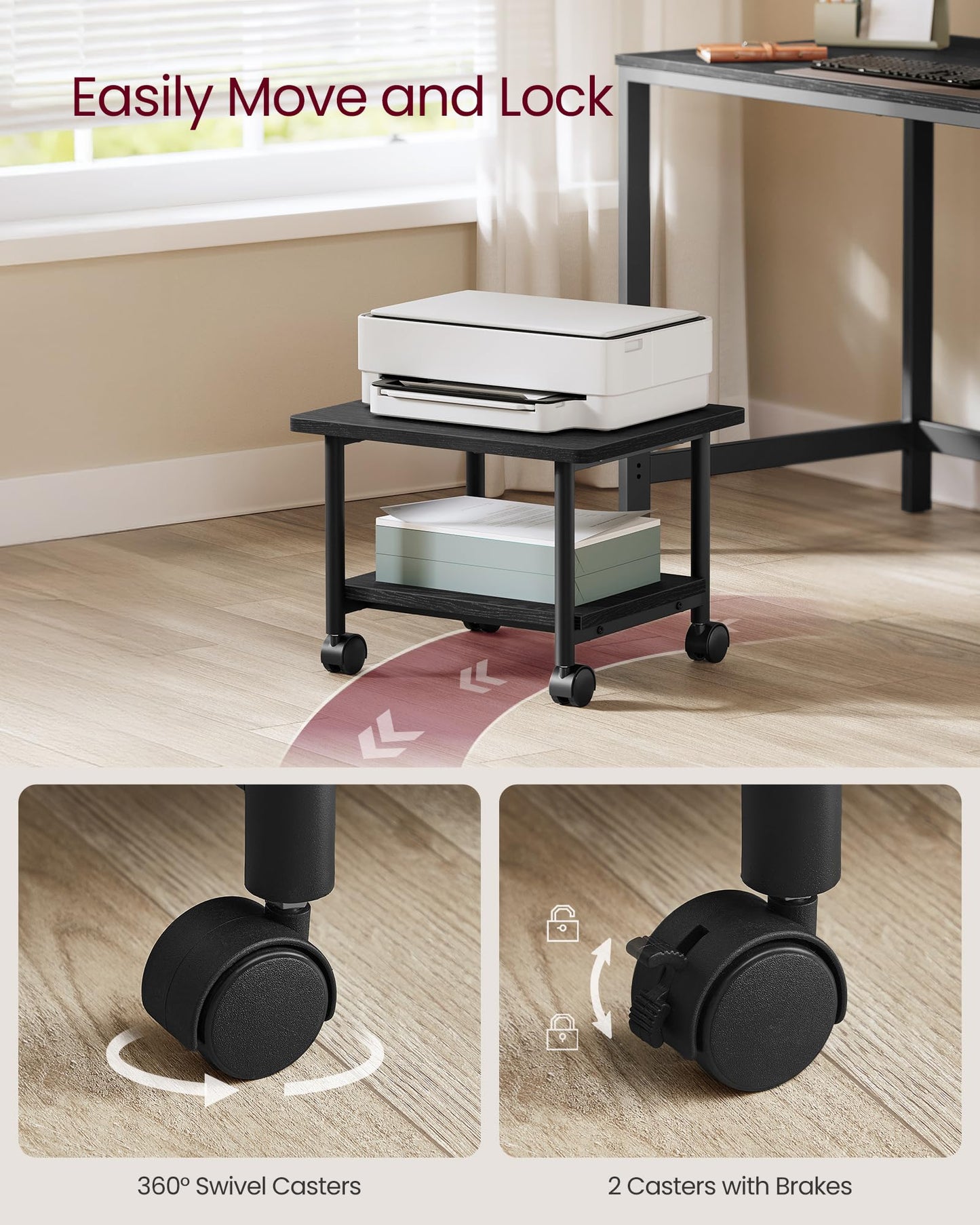 VASAGLE Printer Stand with Locking Wheels, Industrial Mobile Cart, Under Desk Printer Table for Home Office, 18.9 x 15.7 x 13.4 Inches, Storage Shelf, 2-Tier, Ebony Black