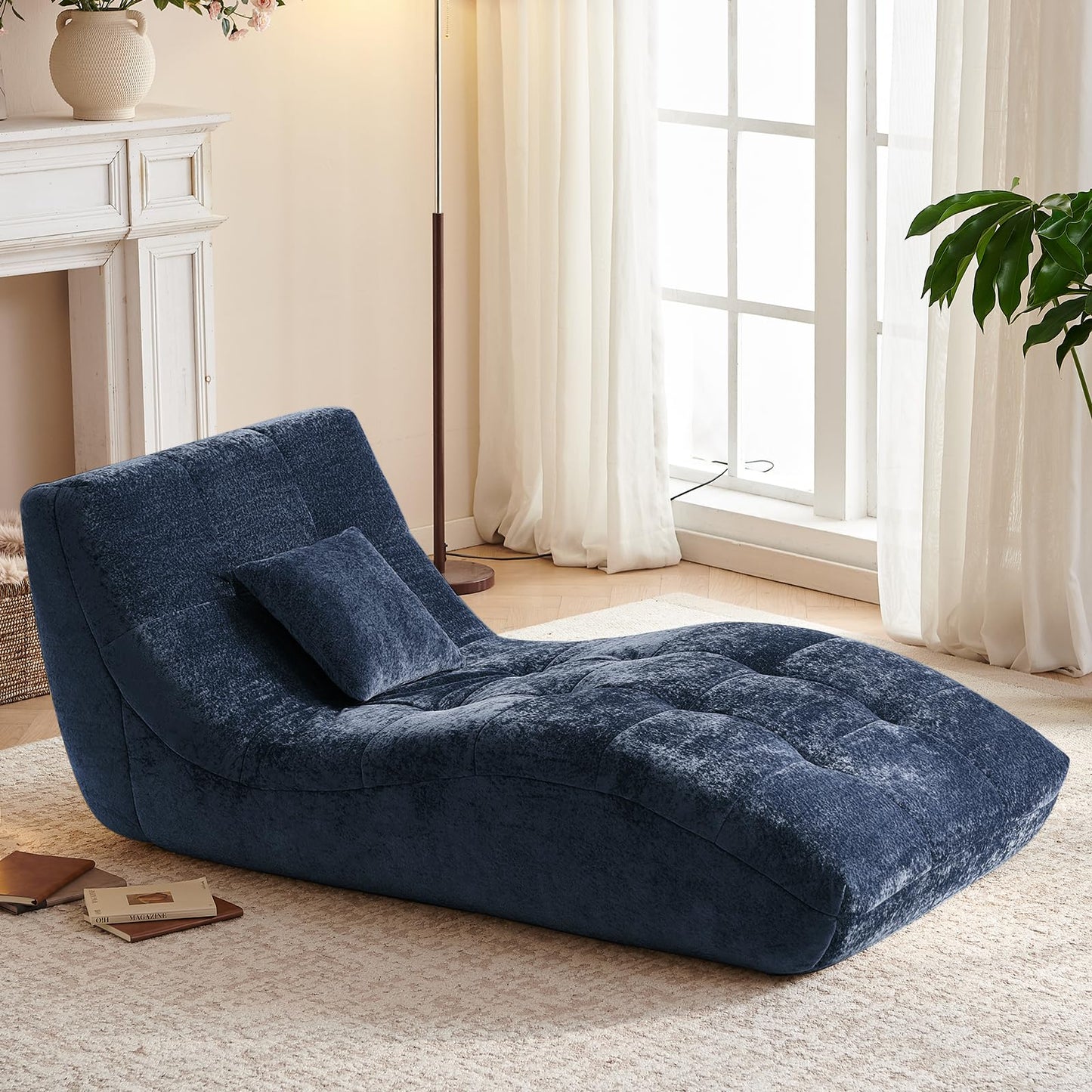 Huadeo Chaise Lounge Chair with Curved Back, Modern Upholstered Recliner Sofa, Tufted Accent Lounger Comfortable Lazy Chair for Bedroom, Apartment (Blue)