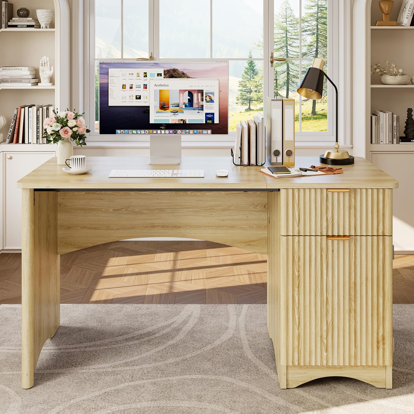 Bestier 47 inch Fluted Computer Desk with Drawer, Office Desk with File Cabinet, Modern Wood Desk with Storage Cabinet for Home Office Bedroom Study, Natual Oak
