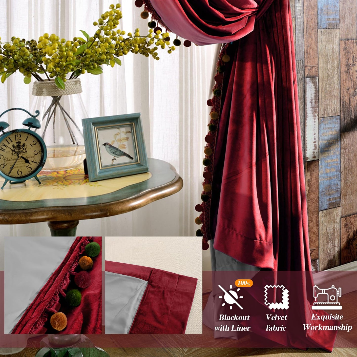 Melodieux Pom Poms Velvet Blackout Curtains for Bedroom Living Room, Vintage Luxury Thermal Insulated Rod Pocket Lined Drapes, 52" W x 84" L, Burgundy (2 Panels)