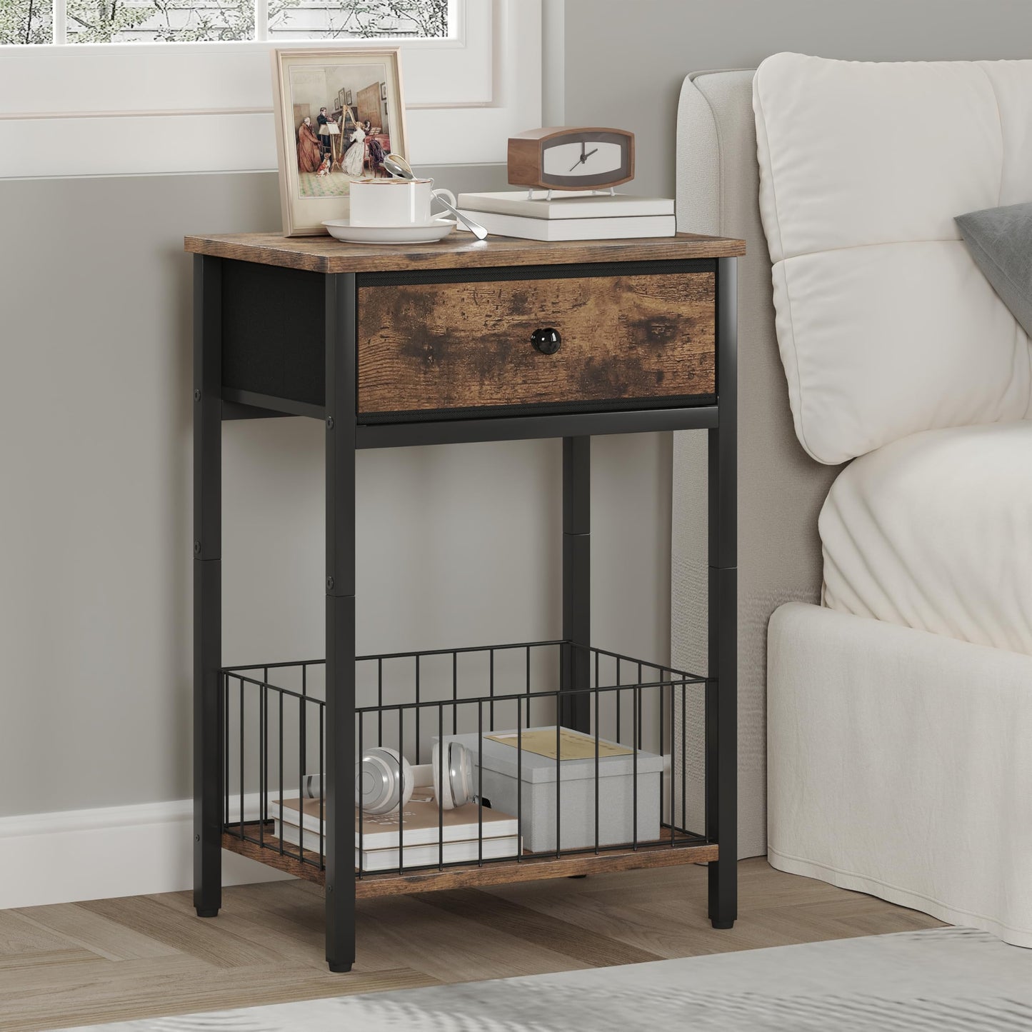 VAFEKOL End Tables Bedroom, Night Stand with Drawers, Industrial nightstand, Nightstand with Fabric Bins, Bedside Table End Table for Bedroom, Closet, Entryway, College Dorm, Rustic Brown LNT0061BR