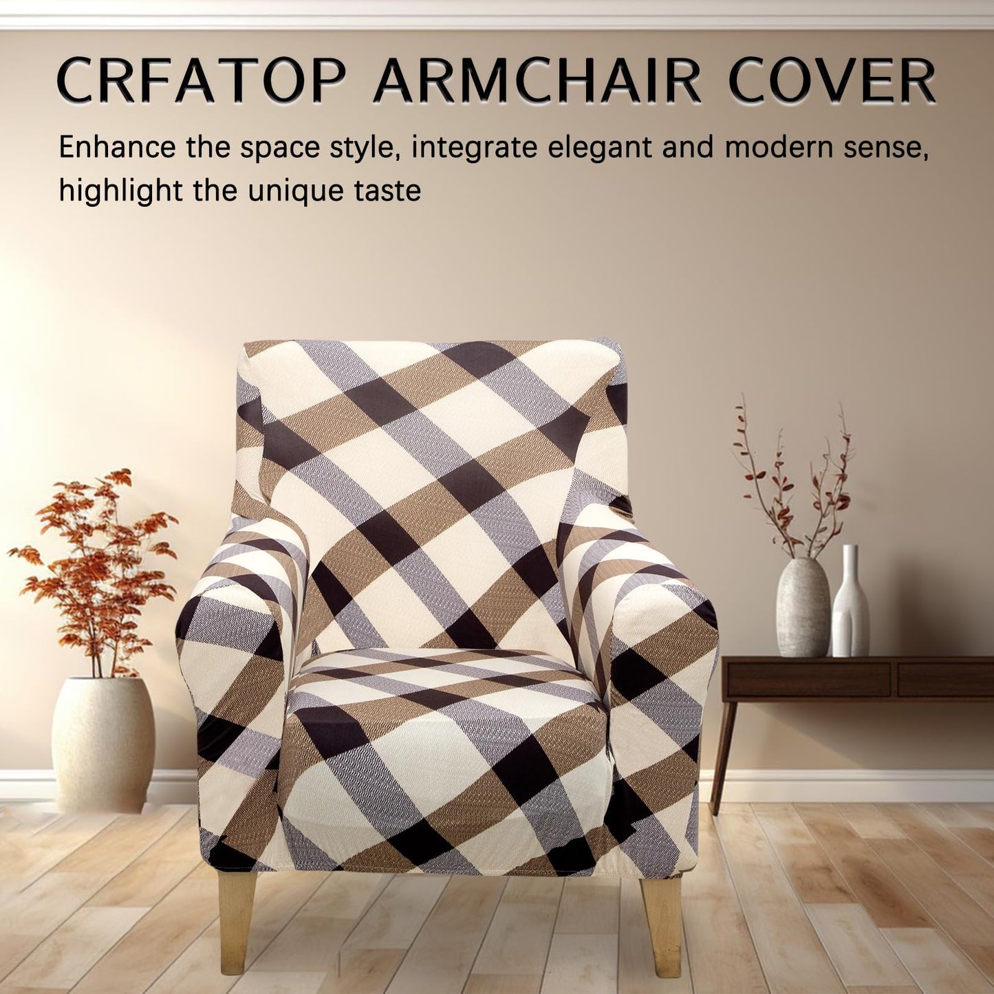 Adigau Printed Arm Chair Covers Stretch Armchair Slipcover Washable Furniture Protector Single Seat Couch Chair Cover for Living Room All-Season(Beige Plaid)