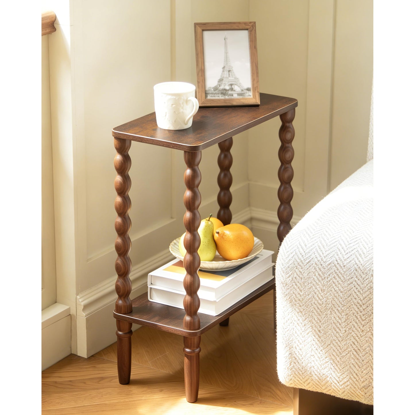 Fultyle Small Narrow End Table, Narrow Side Table Living Room with Storage, 2-Tier Wood Accent Table Slim Nightstand for Small Spaces, Office, Bedroom (Rustic Brown)