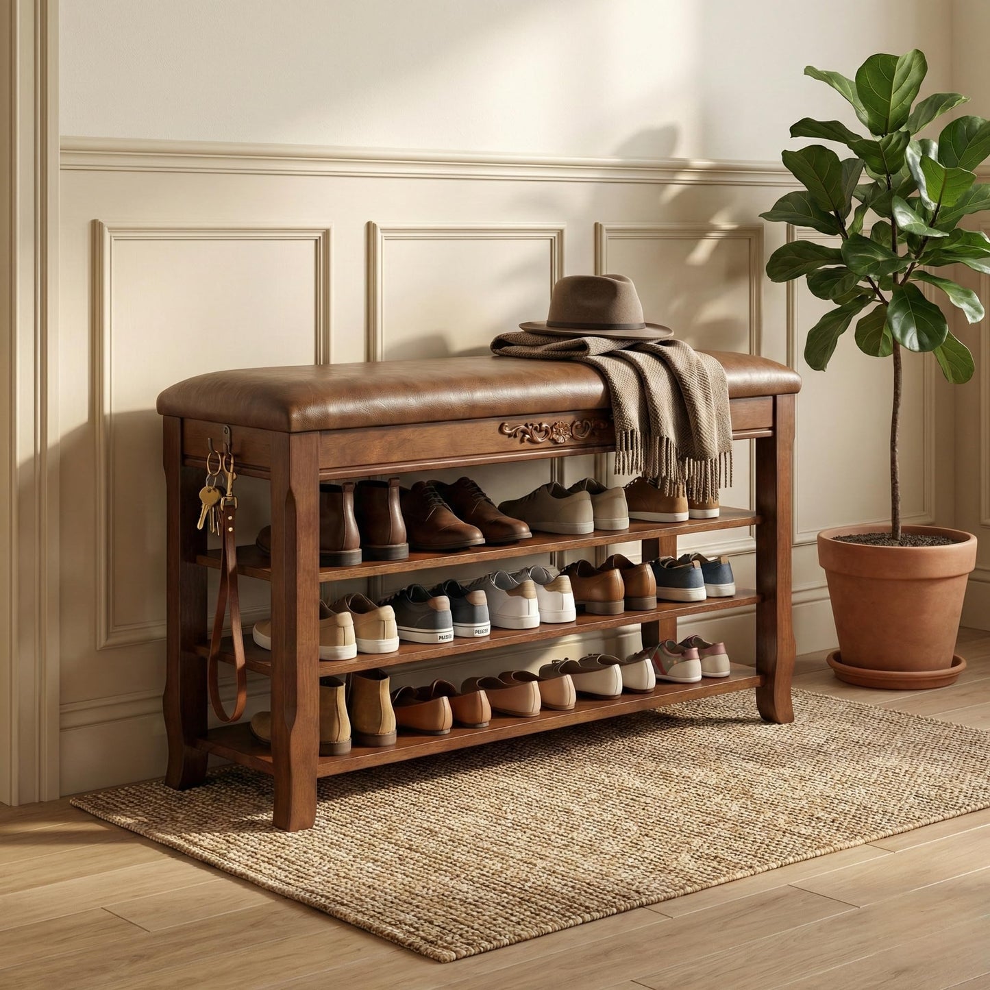 Shoe Rack Bench Entryway Storage with Leather Cushion, Shoe Organizer Bench for Entryway, Front Doors Entrances Hallway,Mudroom,Closet, Bedroom,Solidwood 3 Height-Adjustable Removable Shelve,31.5"