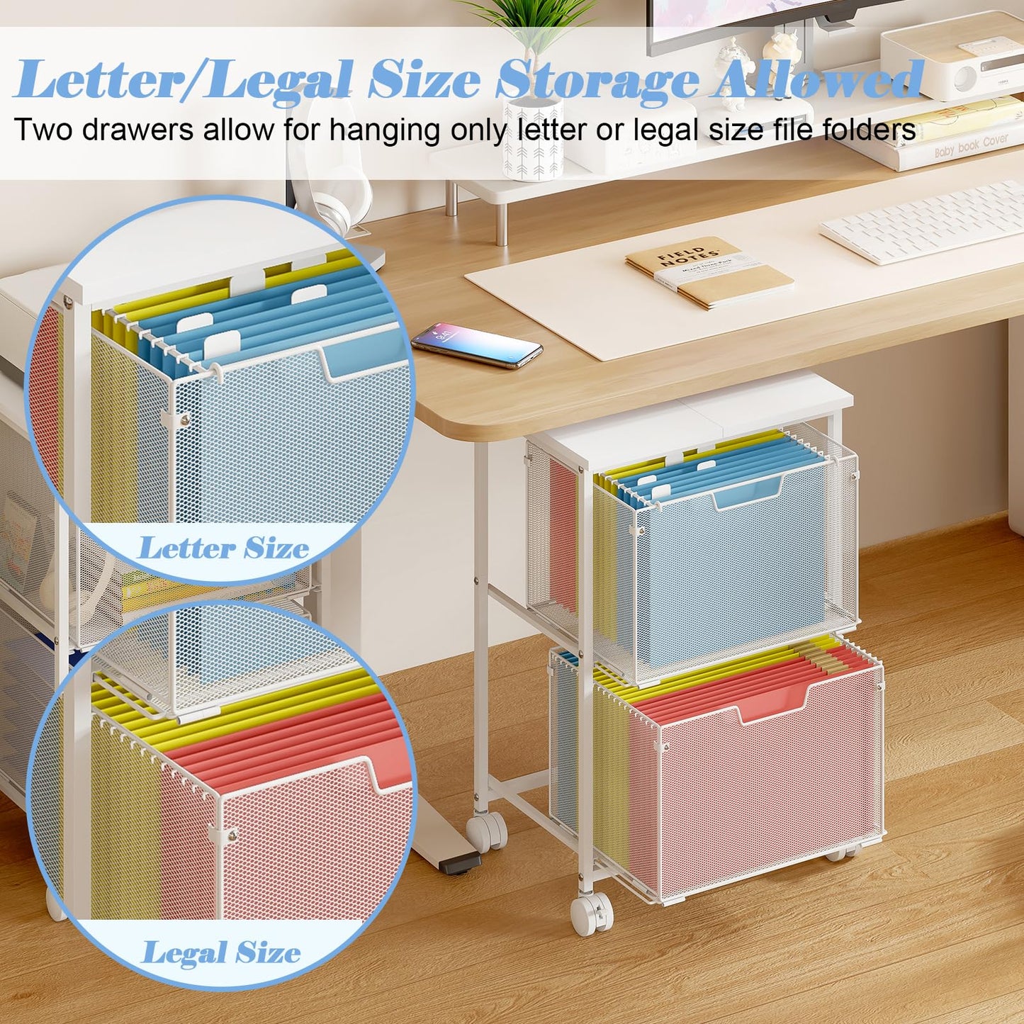 Sbanmao Letter/Legal Rolling File Cabinet, Rolling File Cart with 2 Drawers Filing Cabinet for Home Office, Hanging File Folders Organizer for Under Desk Storage, Mobile Printer Stand, White