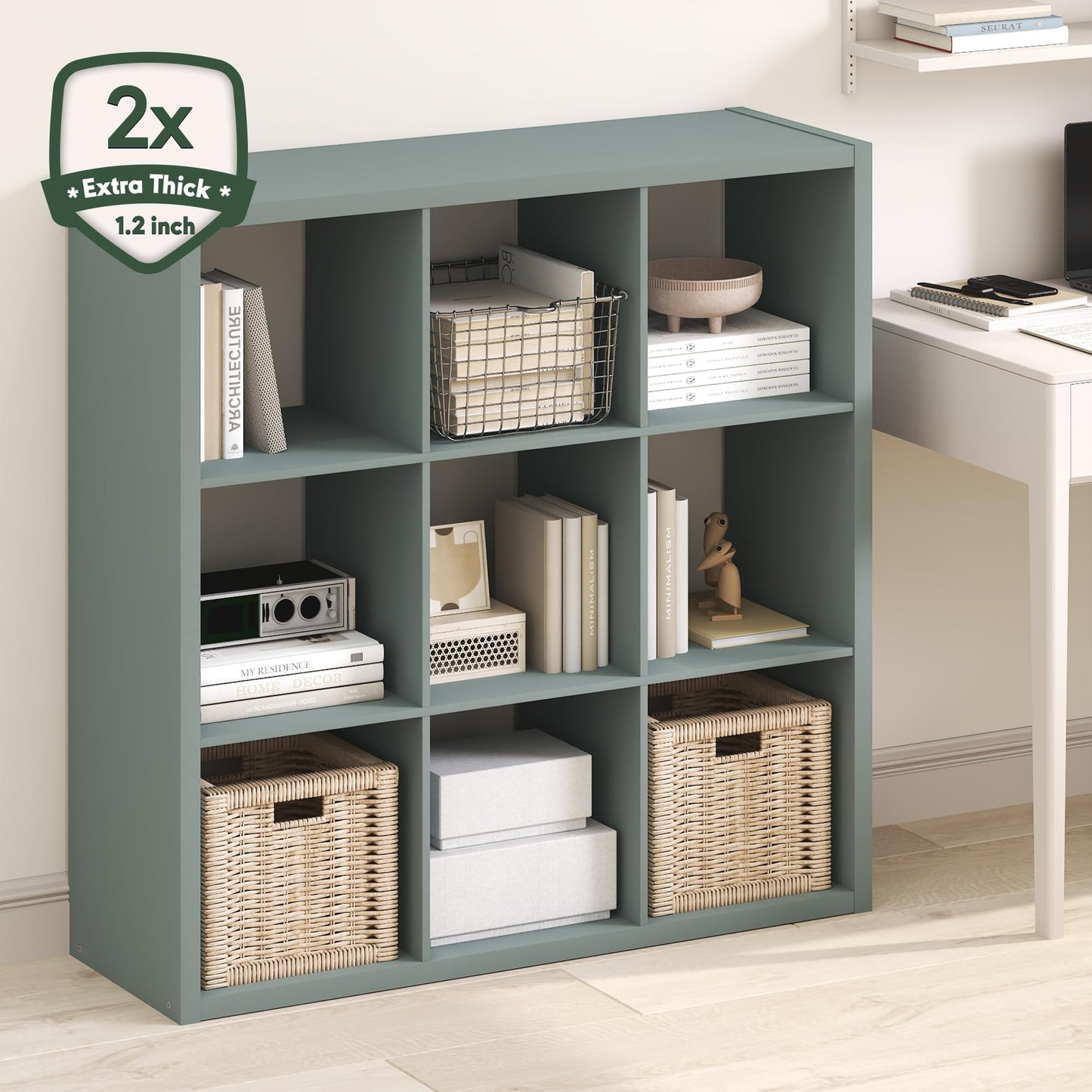 Furinno Cubicle Book Shelf, 9-Cube Bookshelf, Extra Thick Frame Reversible Bookcase with Open Back, 14.6" x 44" x 44", for Living Room, Bedroom, Home Office, Sage Green