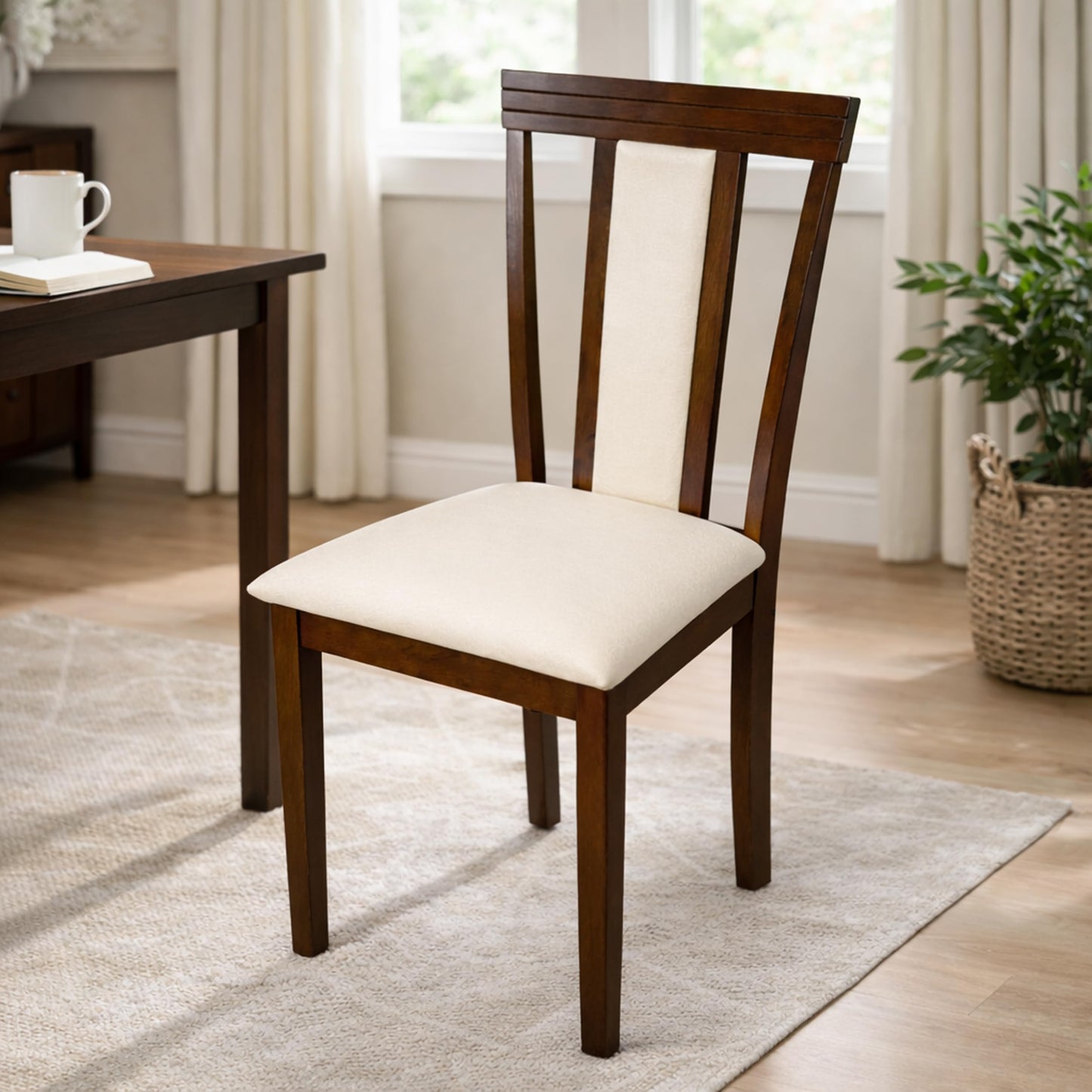 Traditional Dining Chairs, Set of 2, Dirty Oak Finish with Beige Polyester Upholstered Seats Solid Rubberwood