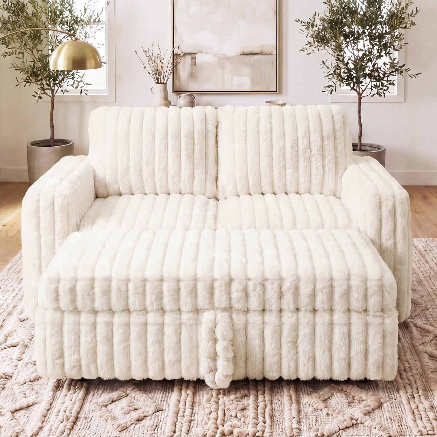 HONBAY Plush Corduroy Loveseat Sleeper Sofa,Modular Pull Out Sofa Bed,Couches for Living Room,Plush Beige