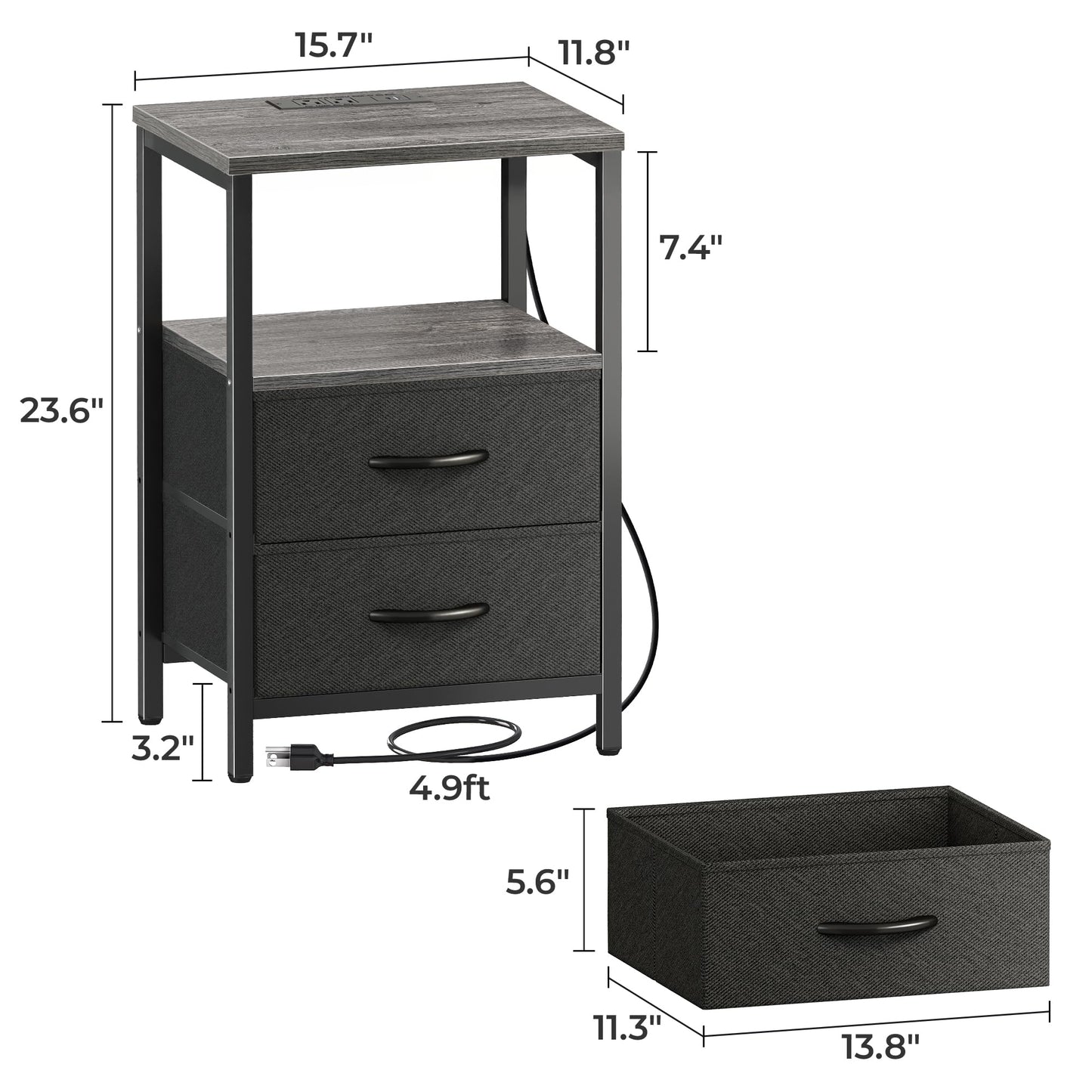 Huuger Nightstand with Charging Station, Side Table with 2 Fabric Drawers, End Table with Open Shelf, Bedside Table with USB-C Port and Outlets, Night Stand for Bedroom, Black