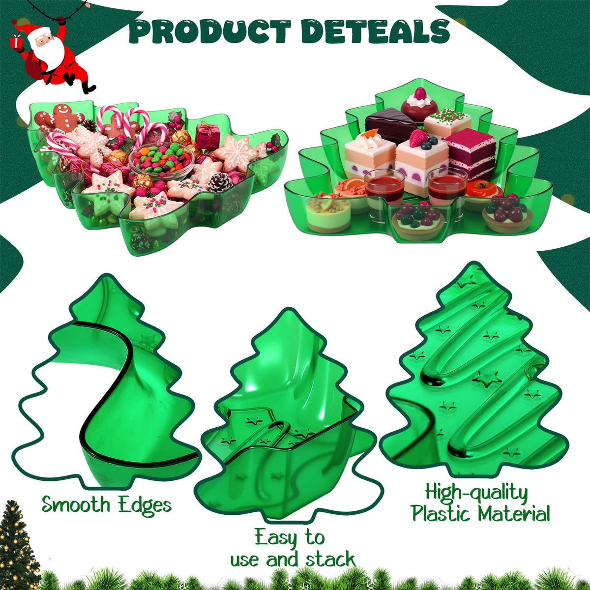 Wiwiqing 2 Pcs Christmas Tree Shaped Serving Tray Plastic Green Christmas Serving Platter Reusable Xmas Snack Tray Food Holder Appetizer Platter for Winter Xmas Themed Party Supplies Home Decoration