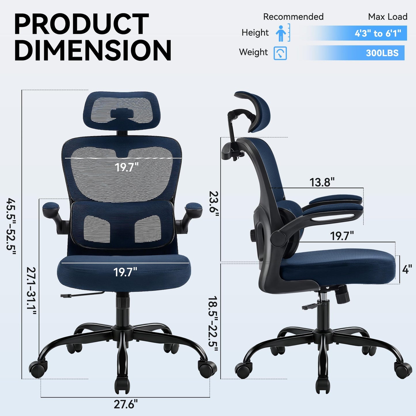 AreShark Office Chair Ergonomic Desk Chairs with Adjustable Lumbar Support& Headrest Hanger, High Back Breathable Mesh Chair with Wheels, Rolling Swivel Comfy Task Computer Chair for Home Work Gaming