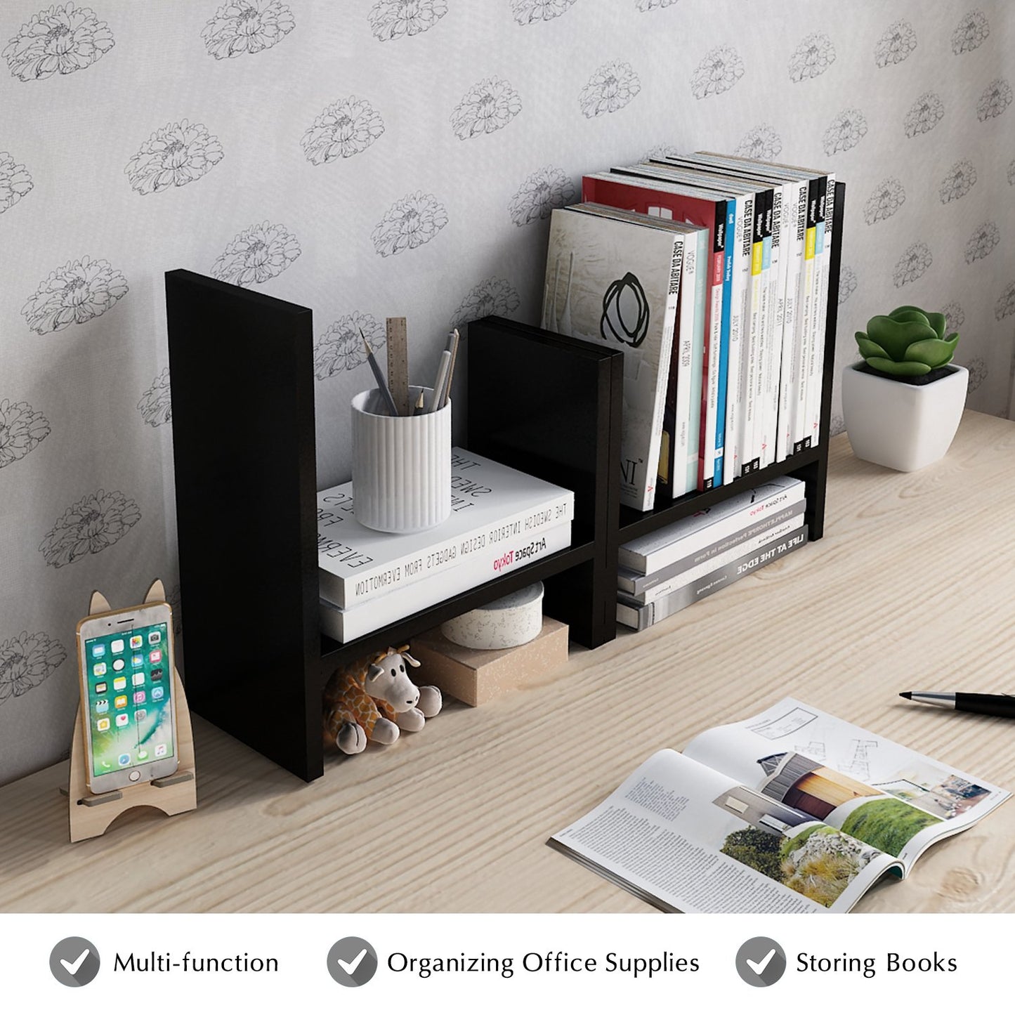 Jerry & Maggie Desktop Organizer Office Storage Rack Adjustable Wood Display Shelf Free Style Double H, Multi-Functional Mini Bookshelf for Desk Natural Stand (Black)