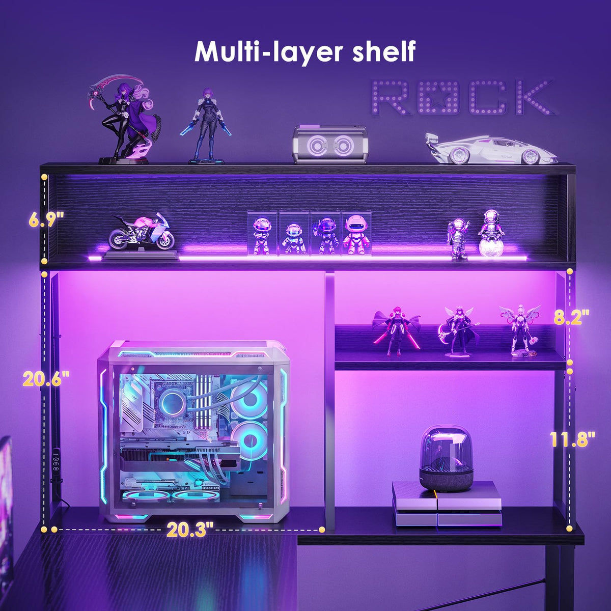 AODK L Shaped Gaming Desk with Led Lights, 51 Inch Reversible Gaming Computer Desk with Display Shelves, PC Gamer Desk Gamer Table with Storage Bag, L Desk for Game, Black