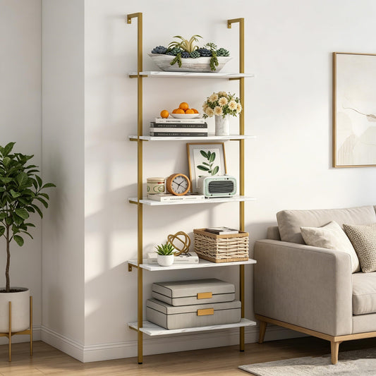 Wolawu 5 Tiers Ladder Shelf White Marble Modern Bookshelf Open Tall Wall Mount Bookcase Standing Leaning Wall Shelves Industrial Decorative