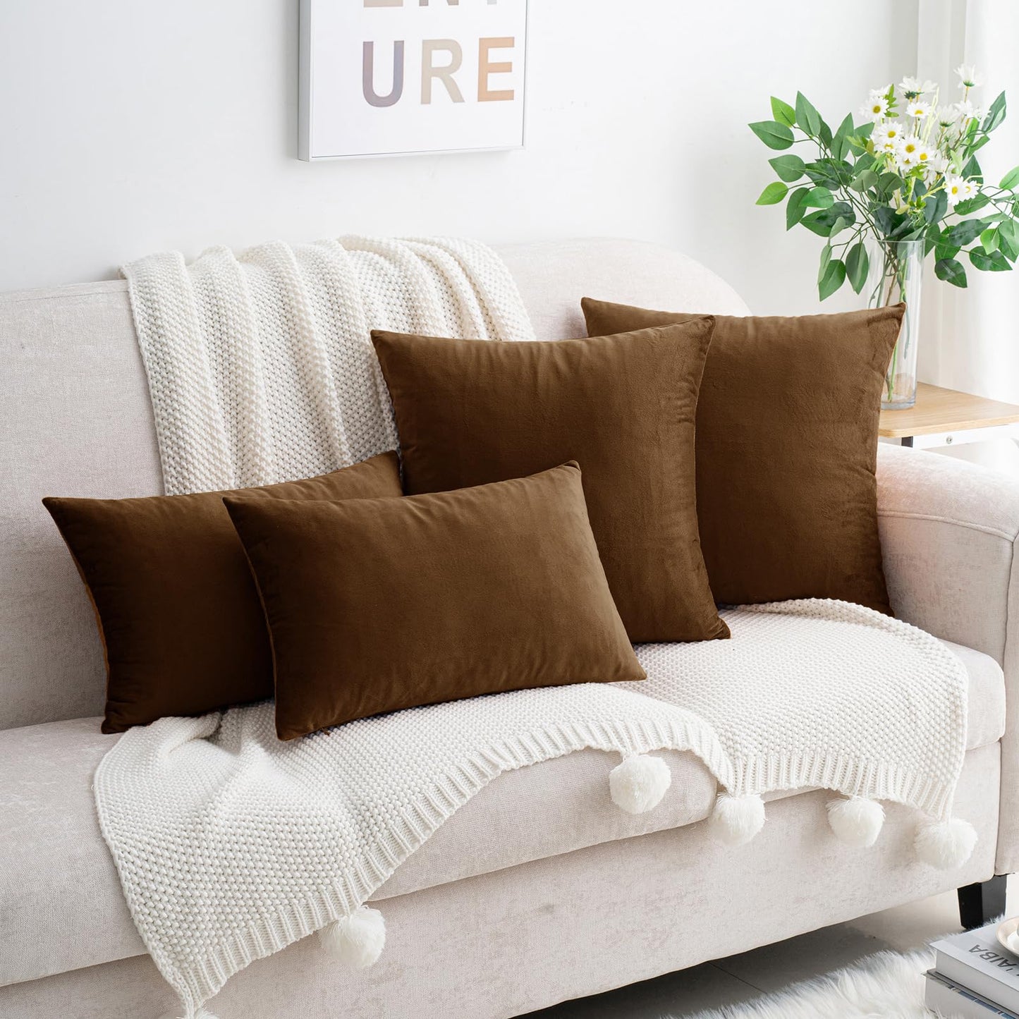 HWY 50 Coffee Velvet Throw Pillow Covers 16x16 Inch, Pack of 2 Soft Cozy Solid Decorative Luxury Cushion Cases for Couch Sofa Bed Living Room Bedroom