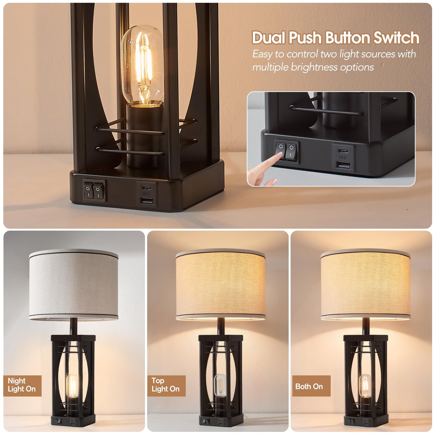 SRJJA Farmhouse Table Lamps Set of 2 for Living Room, Rustic Nightstand Lamps with USB A+C Charging Ports, 22.5" Dual Light Industrial Bedside Lamp with Linen Shade for Bedroom End Tables