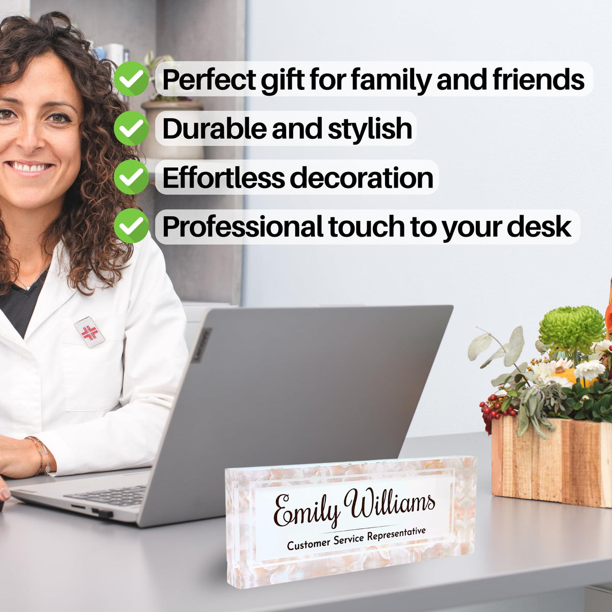 Customized Clear Acrylic Thick 8x3" Desk Name Plate Block with Personalized Logo - Professional Office Decor - Customized Acrylic Plate Gift for Teacher Co-workers (Mother of Pearl)