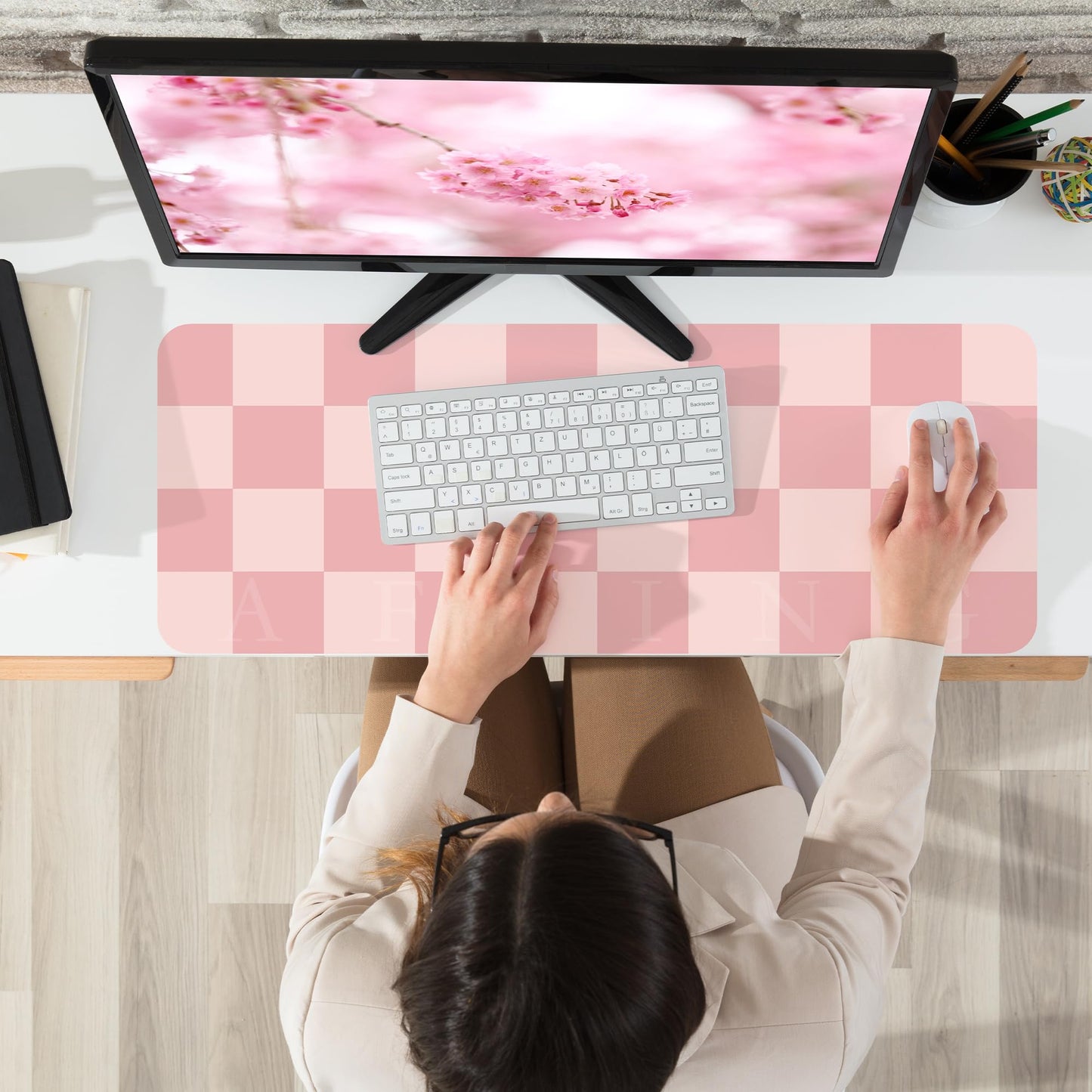 AFIING Pink Checkered Desk Mat, Cute Desk Accessories for Women, Waterproof PU Leather Desk Pad, Large Mouse Pad, Aesthetic Desk Decor for Home Office (31.5" x 12")