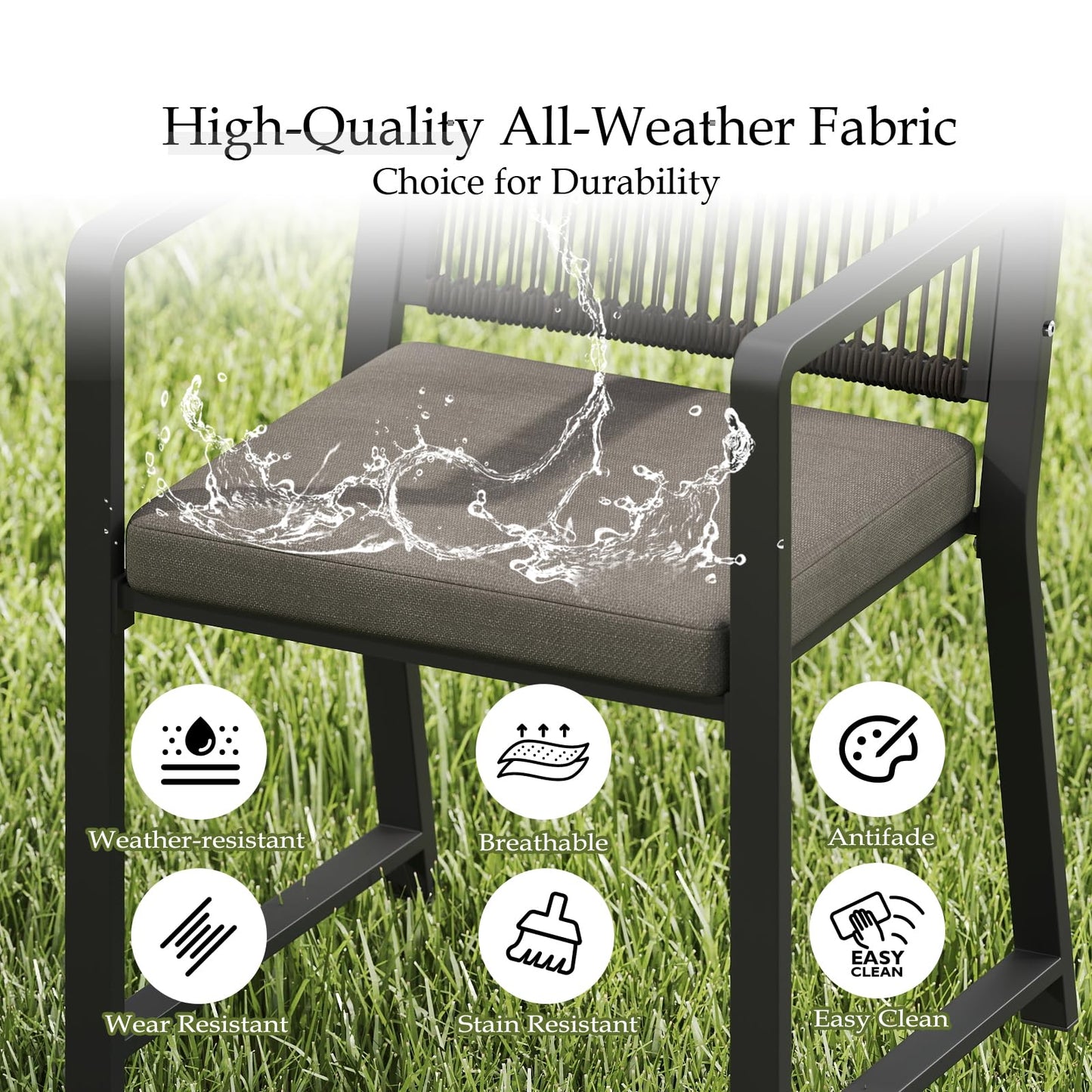 Coreporch Outdoor Patio Dining Chair, All-Weather Woven Rope Outdoor Chairs Set of 2, Sturdy Iron Frame, 400 lbs, Ergonomic Backrest, Removable Breathable Cushion, for Patio & Garden, Black