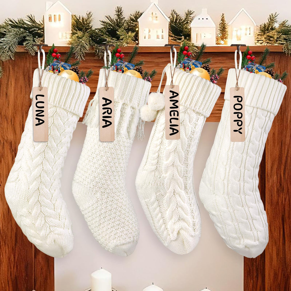 Teeanzo 4Pack 18 Inches Christmas Knitted Hanging Stockings,Xmas White Large Farmhouse Rustic Neutral Cable Knit Personal Stockings Decorations for Christmas Tree Fireplace Family Holiday Party Decor