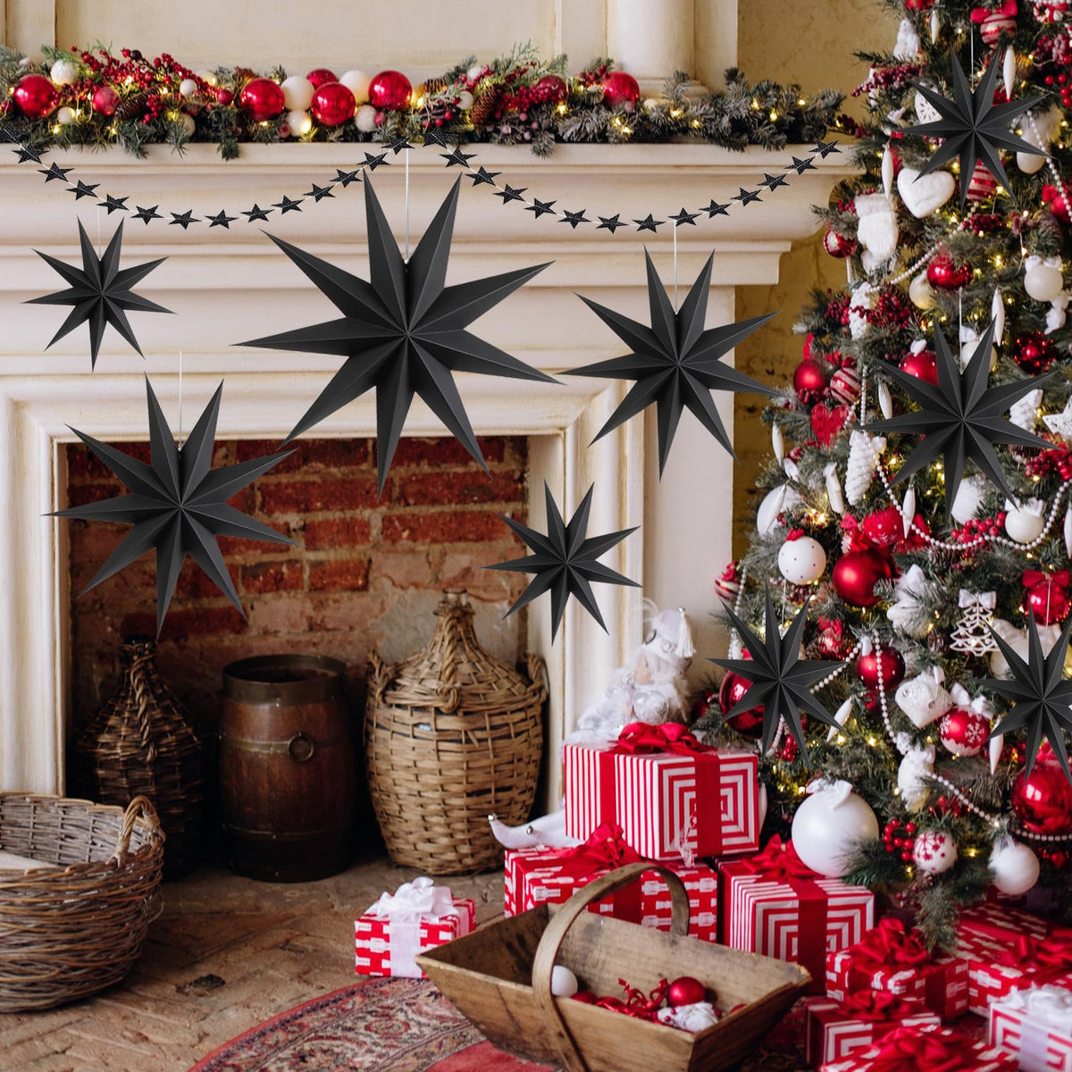 WNSIRVY 5 Pack 9-Pointed Large 3D Paper Star Lanterns with Glitter Star Garland Black Hanging Star Lanterns Lampshade for Halloween Christmas Themed Party Home Wedding Birthday Decorations (Black)