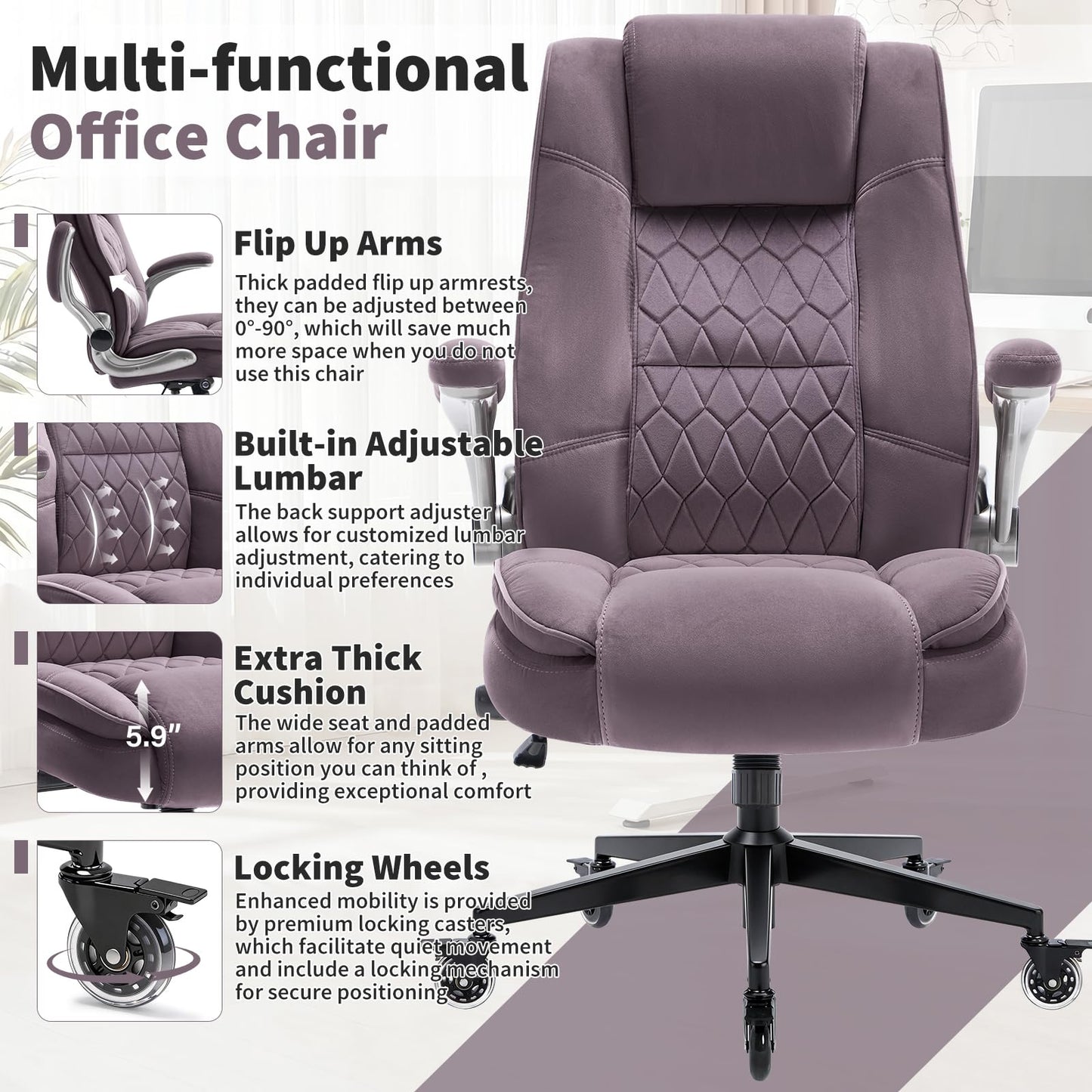 Fabric High Back Office Chair with Lockable Quiet Casters, Ergonomic Adjustable Lumbar Support & Flip-Up Arms, Reinforced Metal Base, Executive Desk Chair for All-Day Comfort, 400LBS Capacity