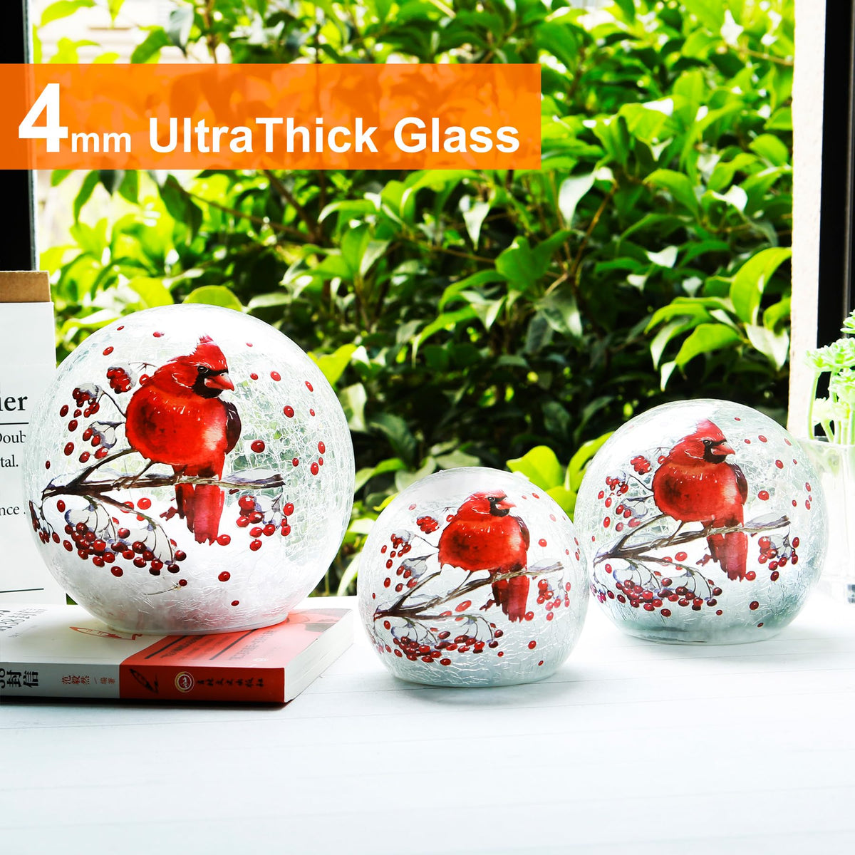 Cordless Crackle Glass Ball Cardinal Lamp with Timer, Battery Operated Led Red Bird Stained Christmas Decor Accent Sphere Table Lamp, Mother's Day Gift, Lighted Orb Cardinal Globe Desk Night Light