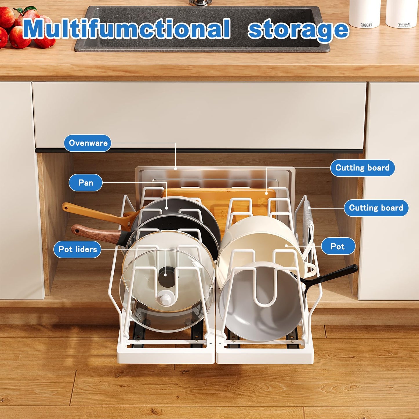Mustorn 2 Pack Pots and Pans Organizer Under Cabinet, 21.6" Deep Pull Out Pot Lid Organizer Holder with Guardrail Adhesive Pot and Pan Holder Rack with 10 Adjustable Dividers(White)
