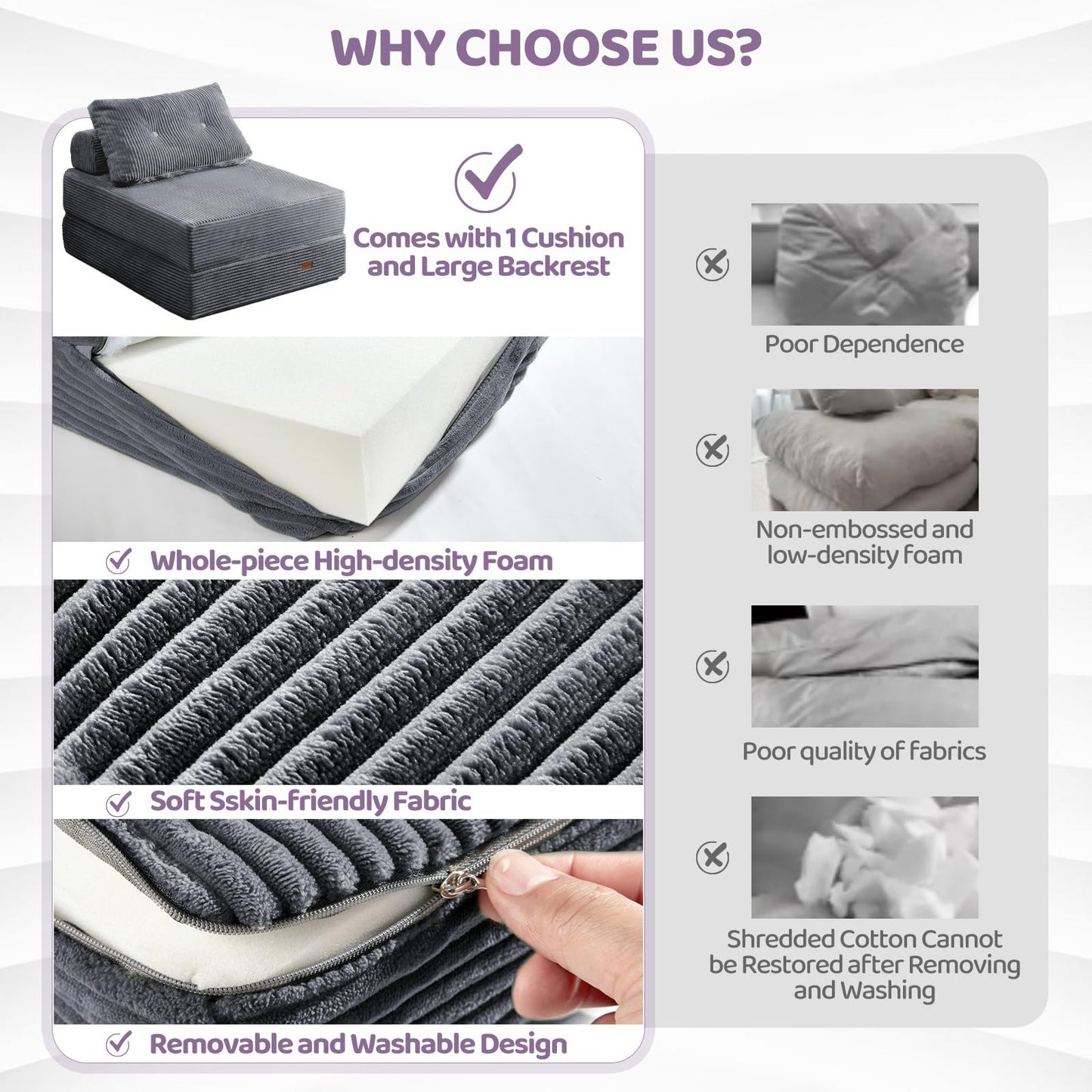 PIASHJOY Folding Chair Bed, Convertible Sofa Bed with Pillows,Fold Out Chair Bed with High-Density Foam,Chair Bed Sleeper for Adults Perfect for Living Room 、Hotel 、Apartment ， Single, Dark Gray