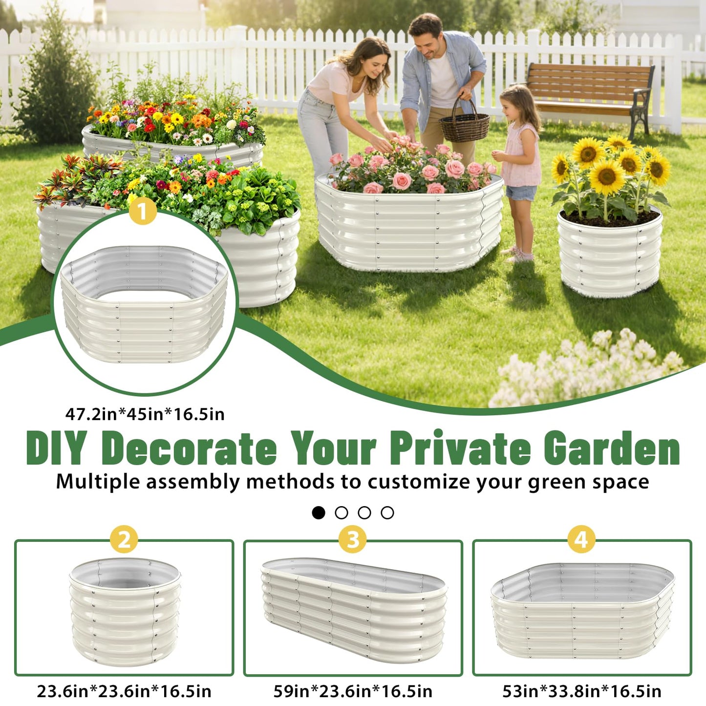 Hexagon Raised Garden Bed, 48 Inch Diagonal & 16.5 Inch Tall, Galvanized Steel Planter Box with Wave-Shaped Metal Panels for Outdoor Flower,Tree,Herb & Vegetable Garden (Cream white, 4FT X 1.5FT)