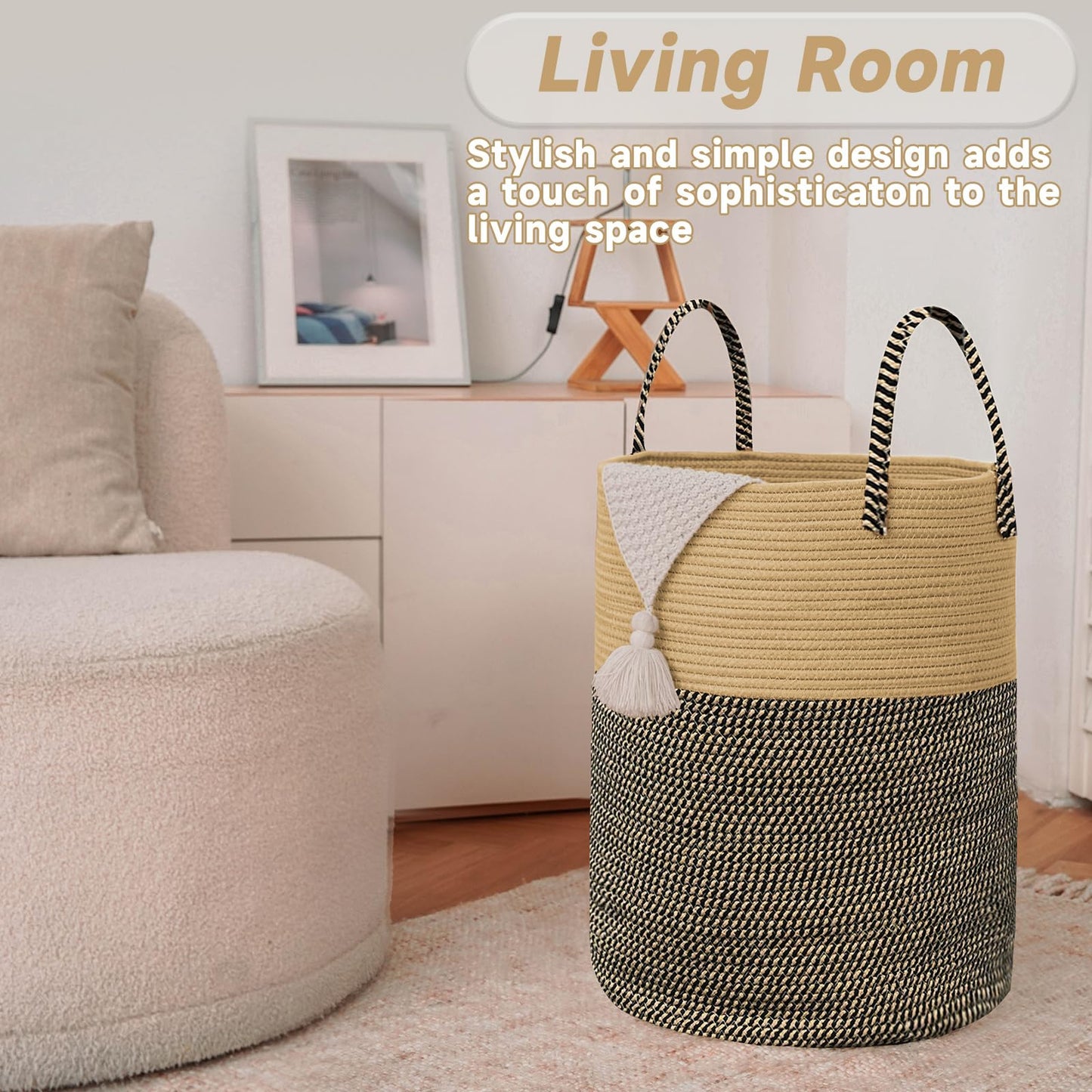 JMvicyroam Large Woven Laundry Basket Hamper,60L Cotton Rope Storage Bin for Blankets,Toys and Clothes,Decorative Tall Nursery Hamper for Living Room,Baby Nursery,Bathroom and Bedroom,Brown and Black