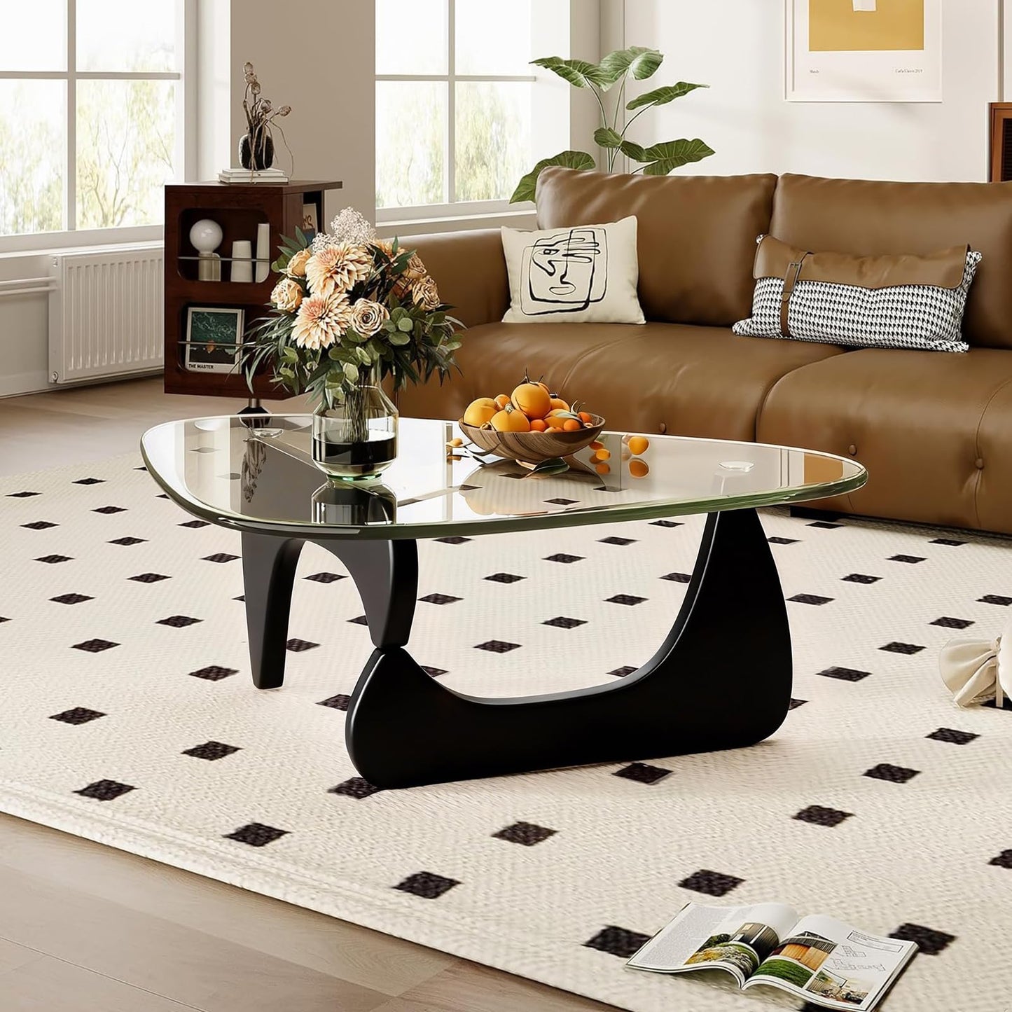 Modern Coffee Table for Living Room, 35.8" Minimalist Black Center Table with Triangle Tempered Glass & Sturdy Solid Legs, Unique Tea Tables, Cheap