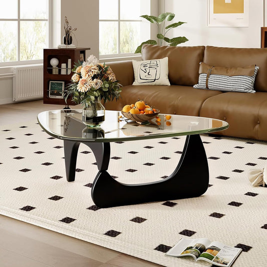 Modern Coffee Table for Living Room, 35.8" Minimalist Black Center Table with Triangle Tempered Glass & Sturdy Solid Legs, Unique Tea Tables, Cheap