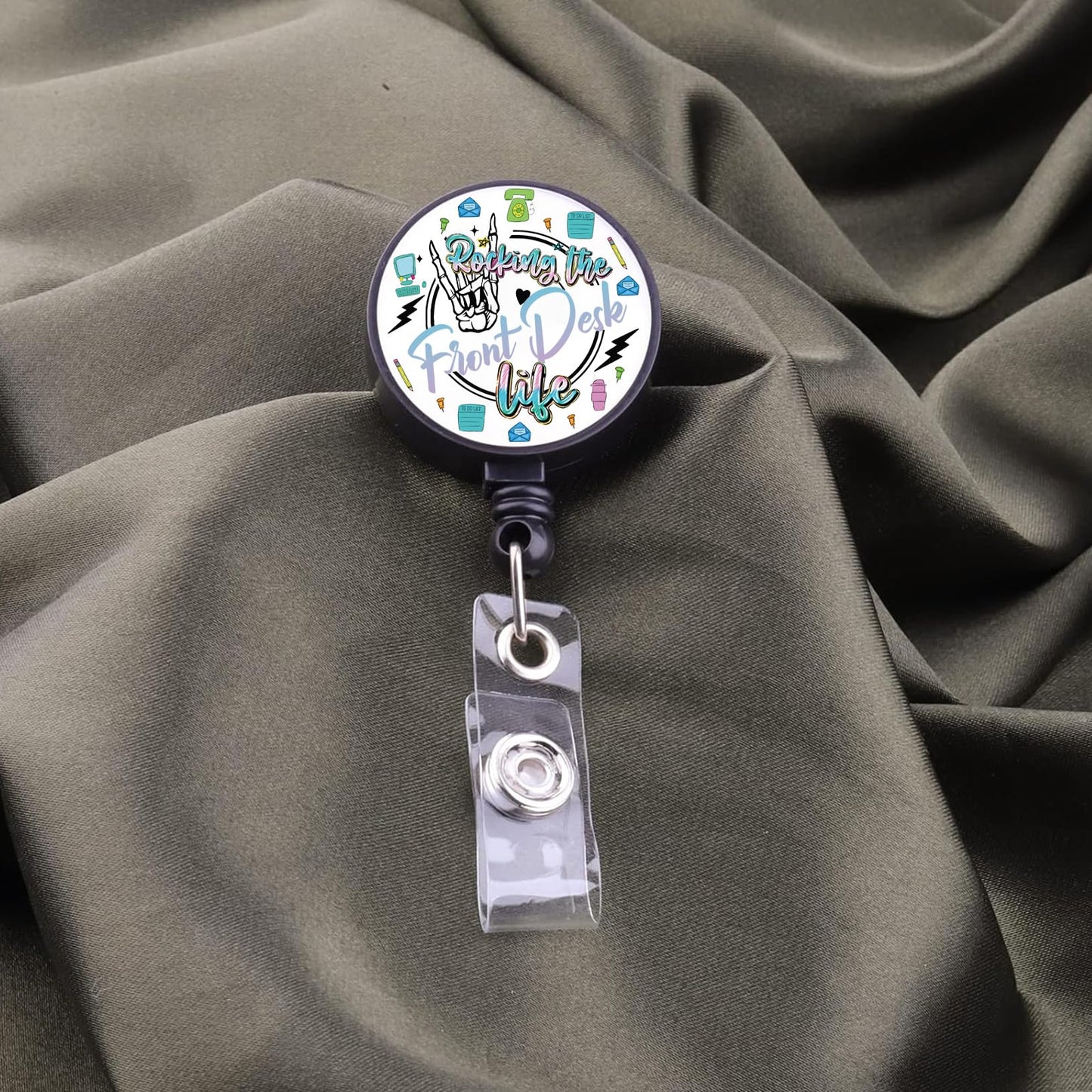 BEKECH Front Desk Badge Reel Rocking The Front Desk Life Office Receptionist Gift Funny Badge Holder Chaos Coordinator Gifts (Office Receptionist)